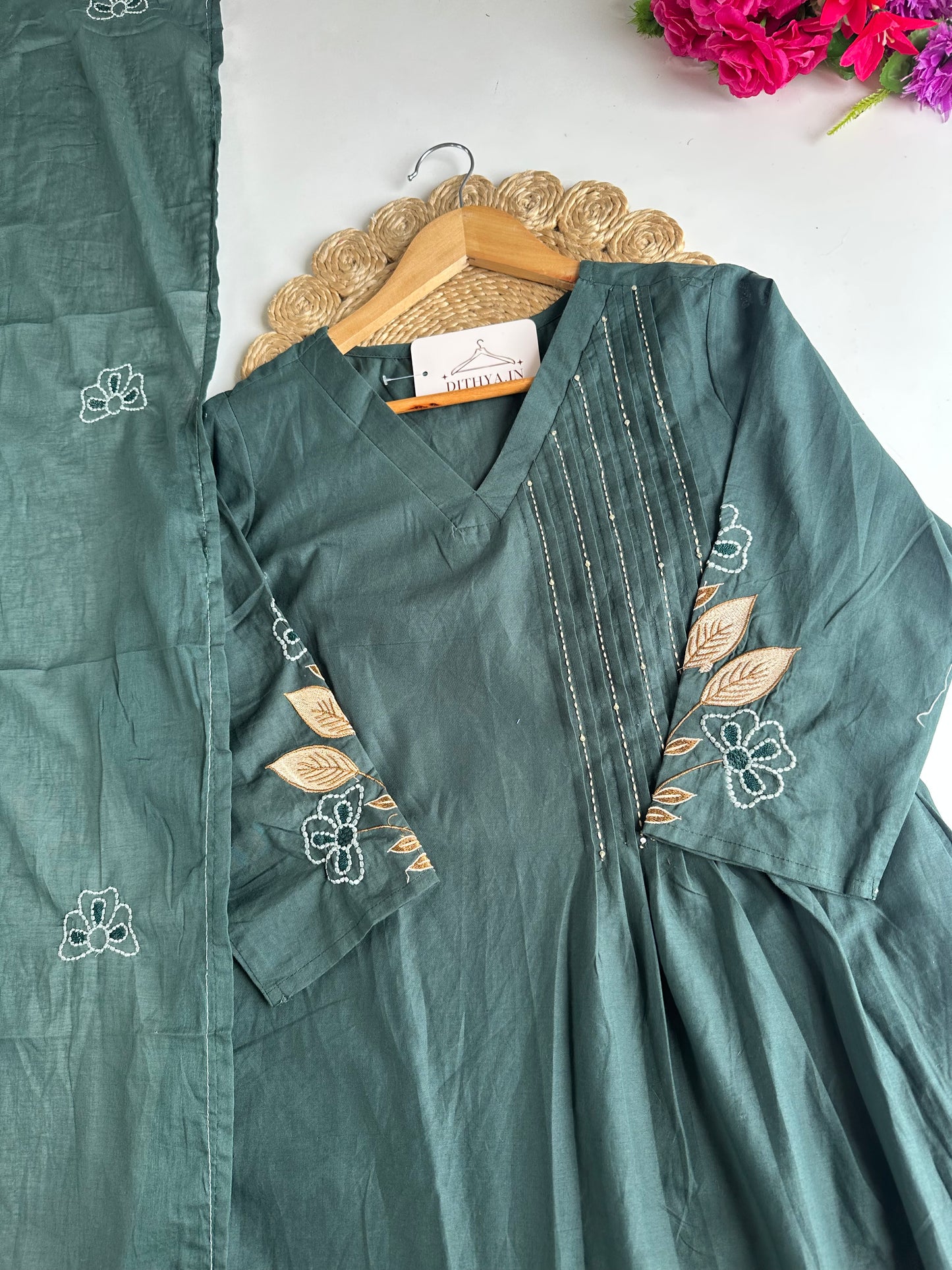 K715 - Mul cotton embroidered Aline Kurti with pants and dupatta