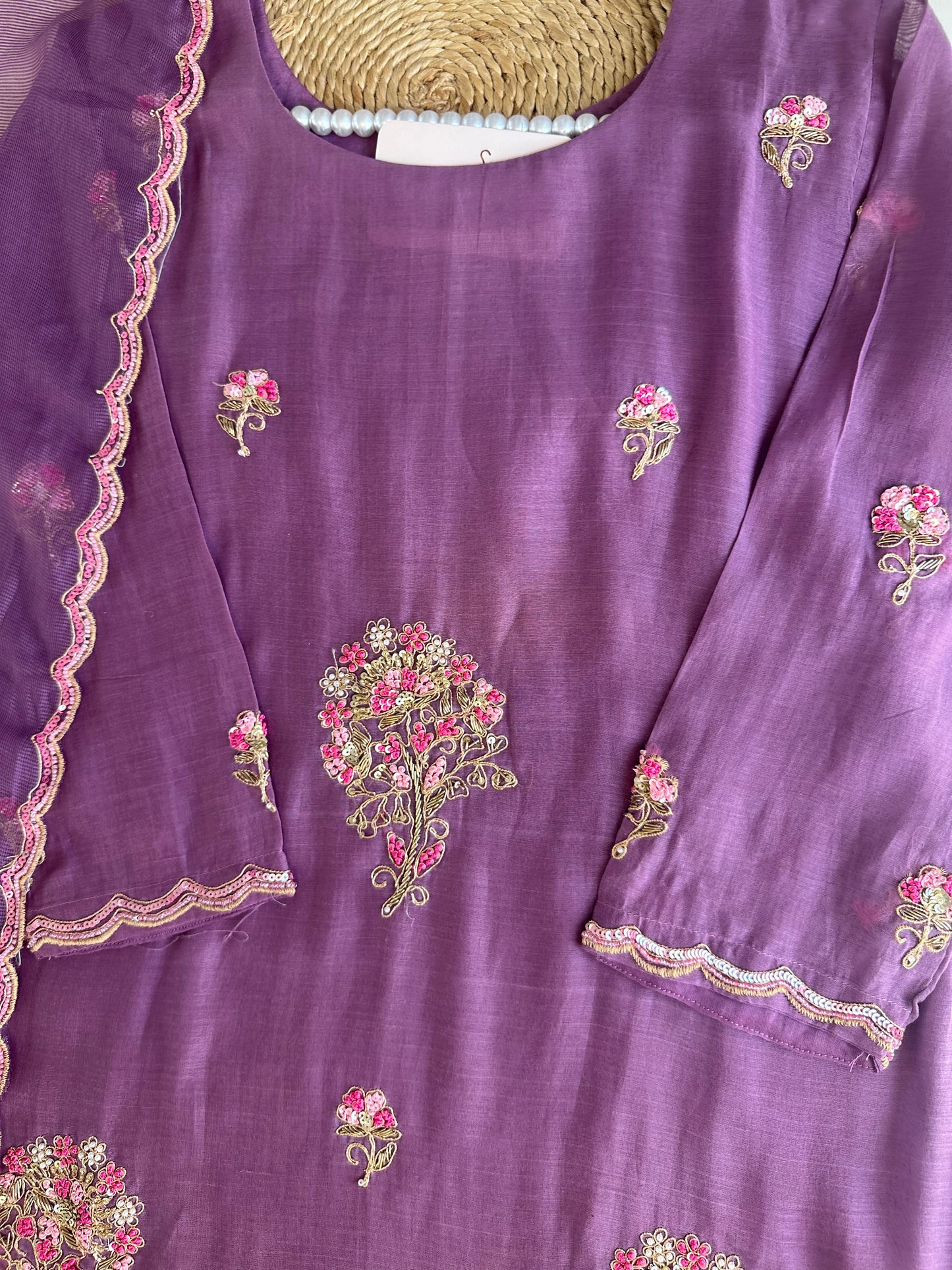 K469 - Mul chanderi handwork Aline kurti with pants and dupatta