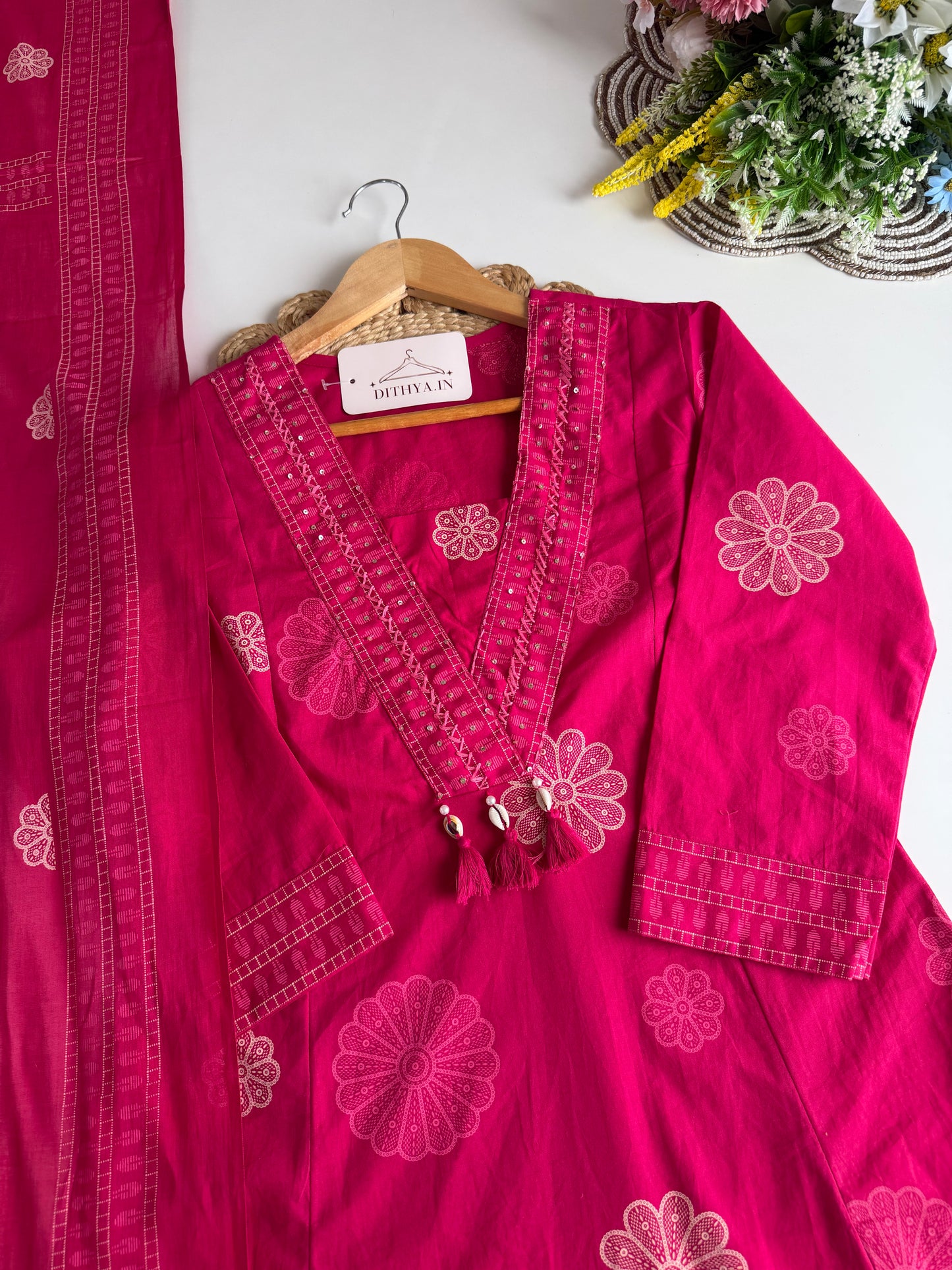 K657 - Mul cotton embroidered Aline Kurti with pants and dupatta in 2 colours