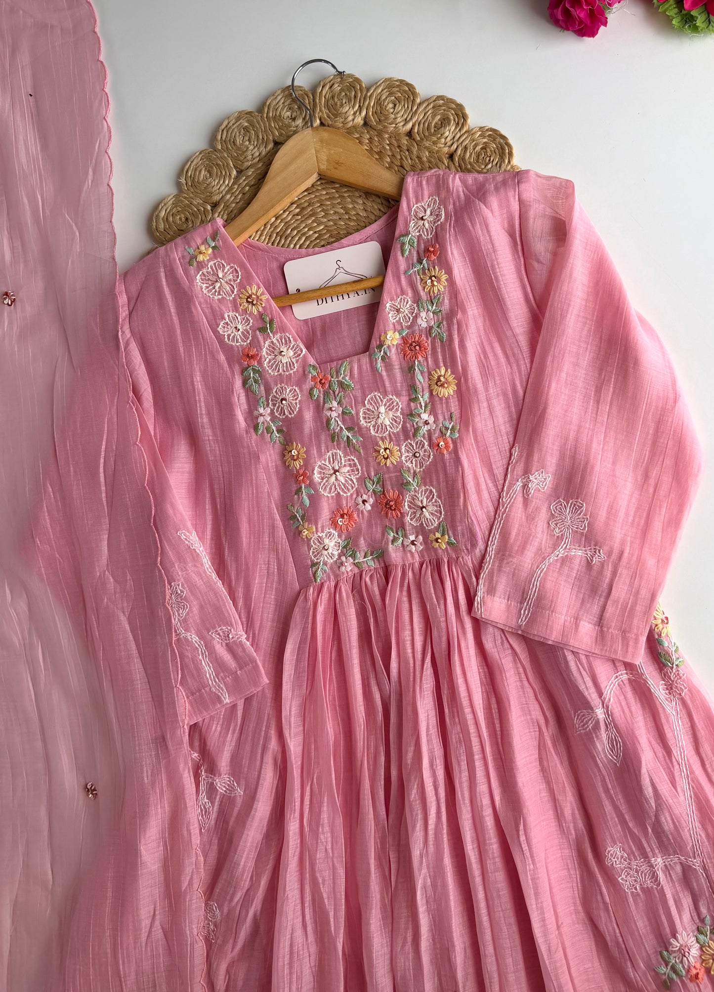 K678 - Mul chanderi embroidered Anarkali with pants and dupatta
