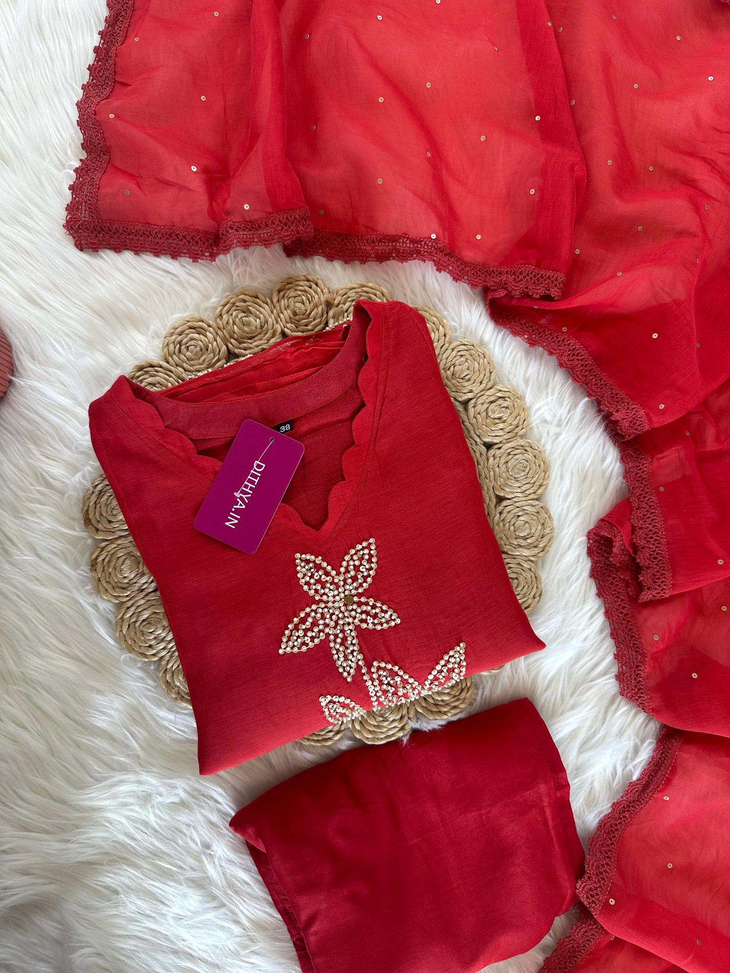 K382 - Mul Chanderi handwork Aline Kurti with pants and dupatta