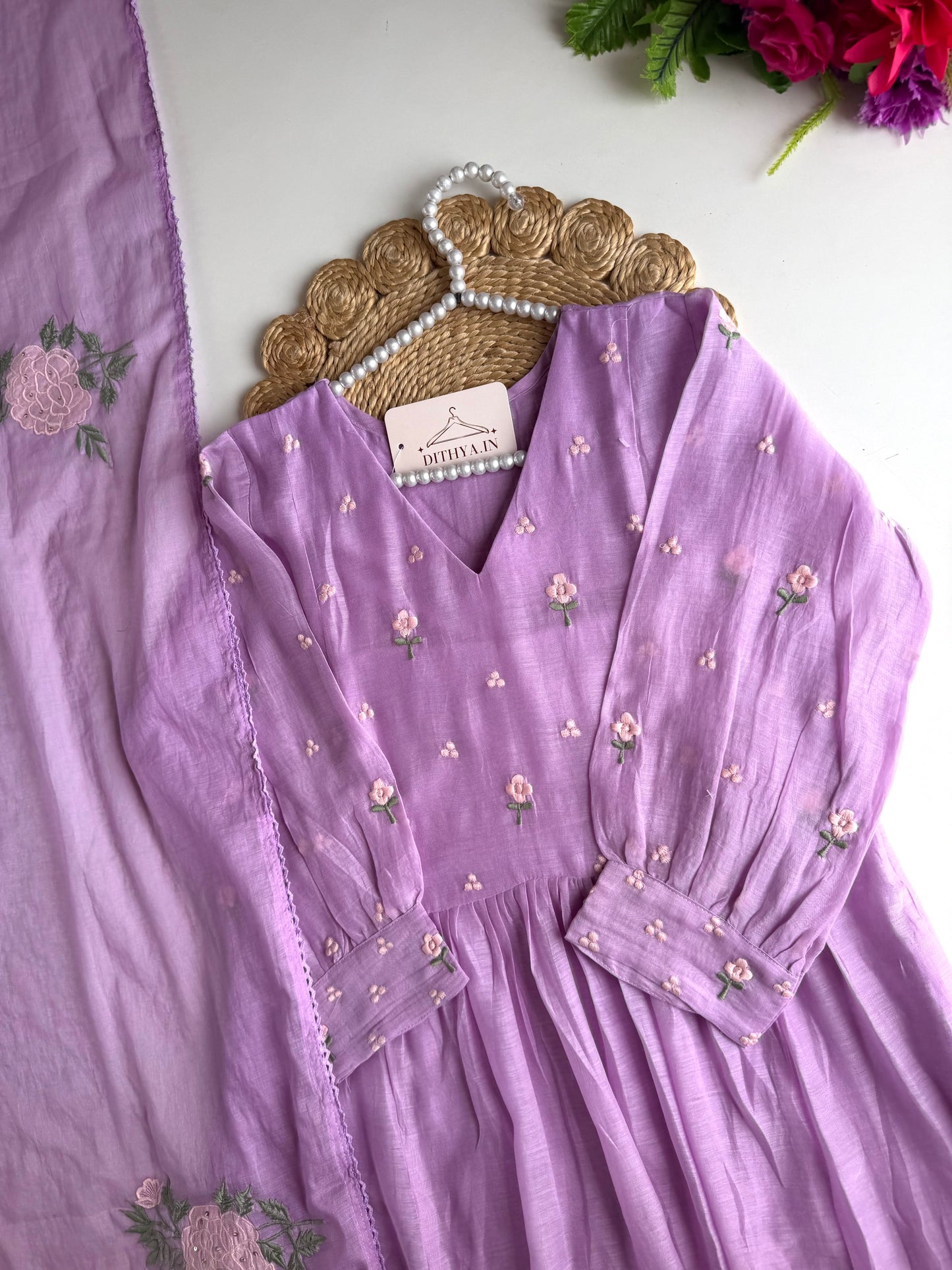 K143 - Mul chanderi embroidered Anarkali with pants and dupatta
