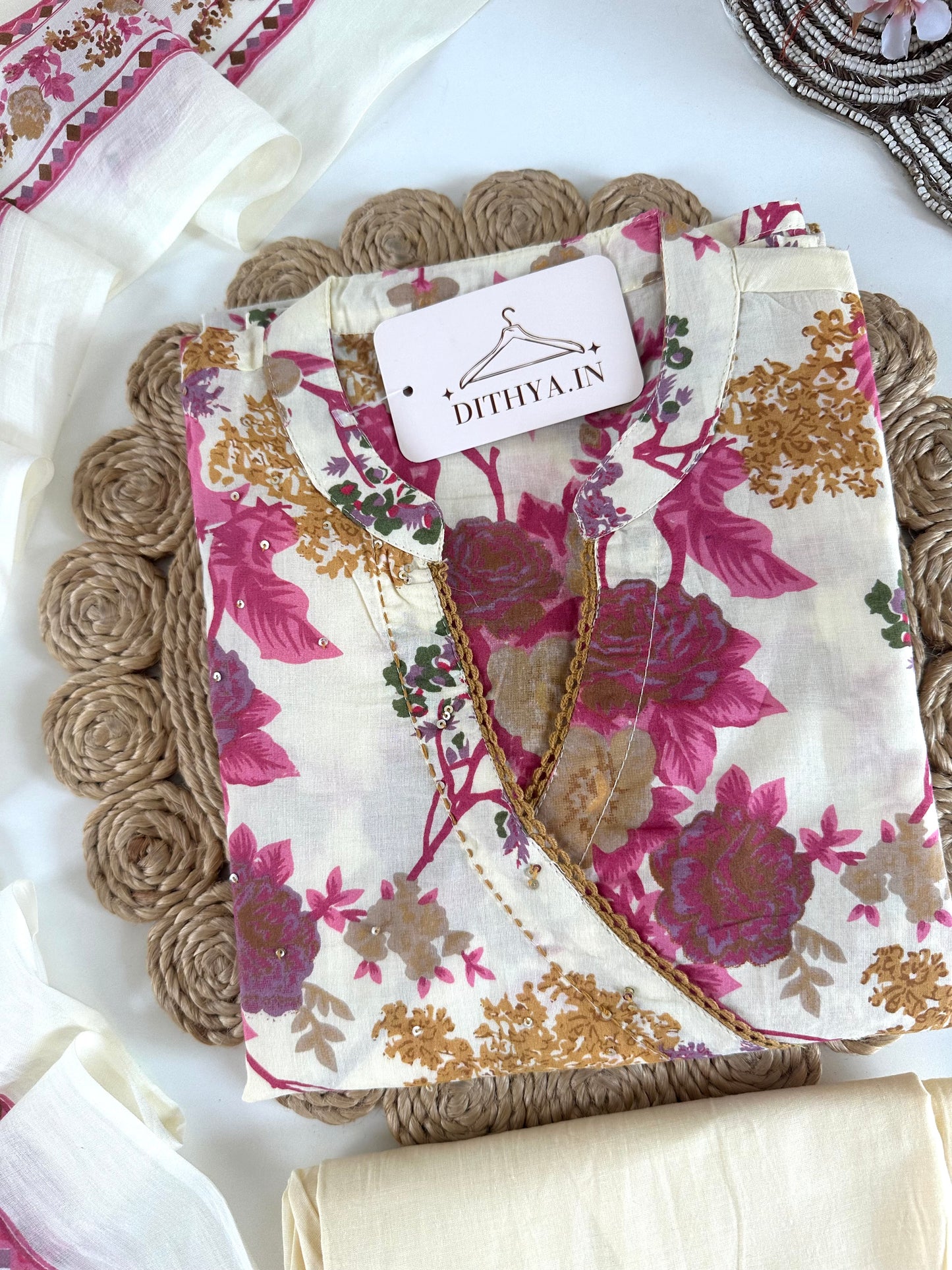 K244 - Mul cotton printed embroidered straight Kurti with pants and dupatta