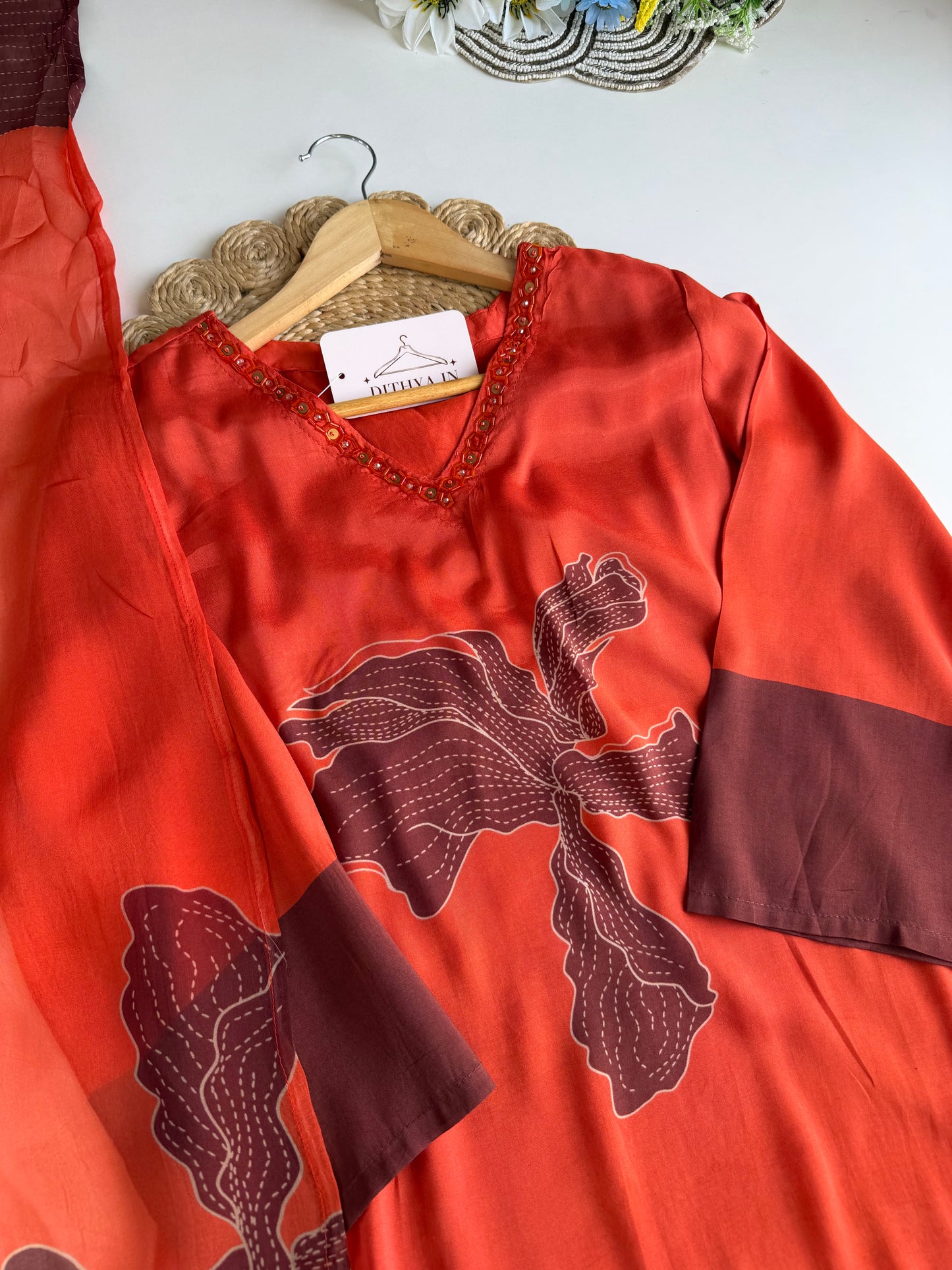 K336 - Muslin silk handwork Aline Kurti with pants and dupatta