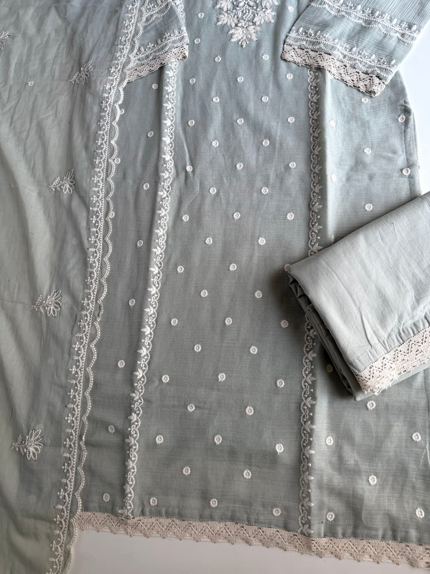 K698 - Crushed mul chanderi embroidered straight Kurti with pants and dupatta