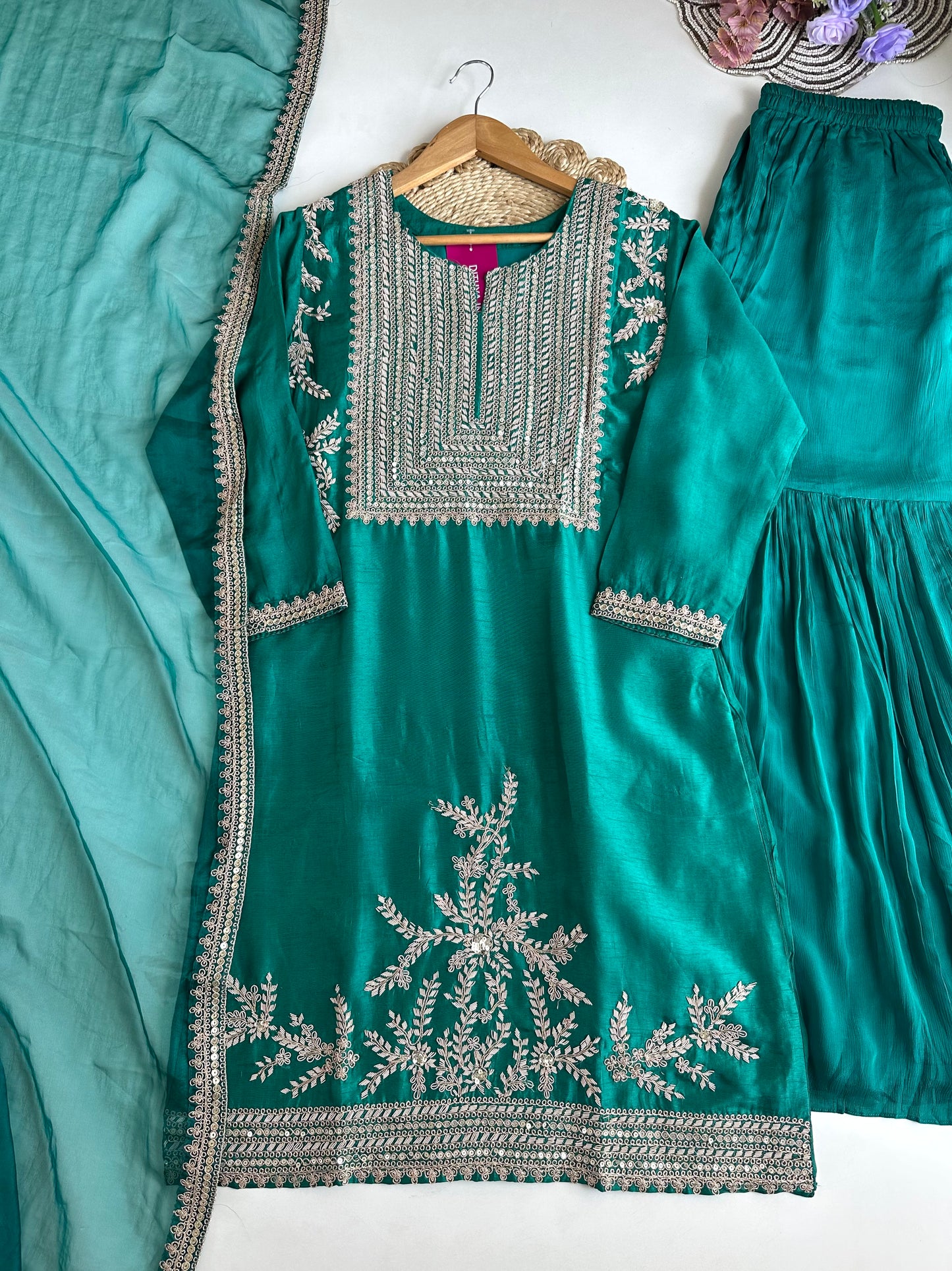 K199 - Russian silk handwork Kurti with sharara and dupatta