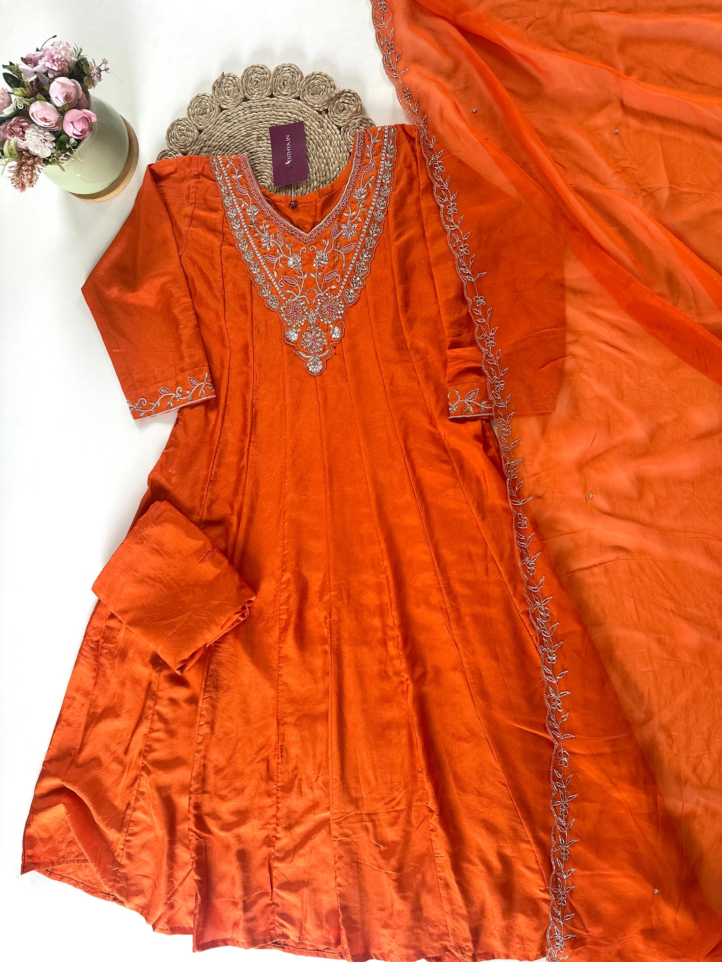 K284 - Russian silk Anarkali handwork with straight pants and dupatta .