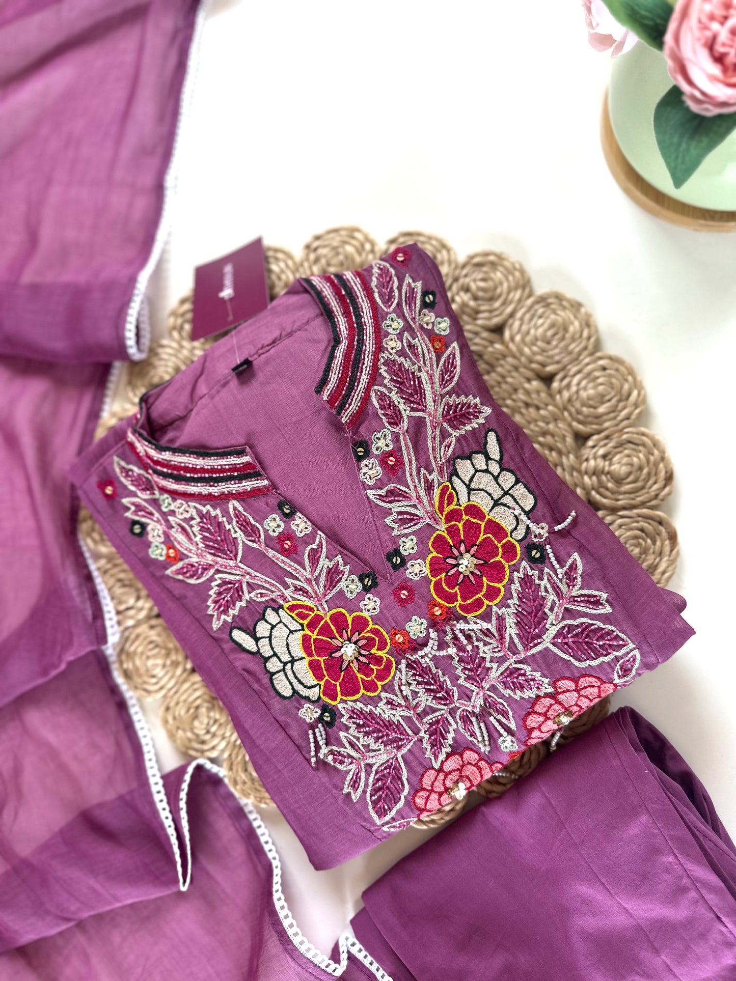 K127 - Mul Chanderi Aline Kurti with pants and dupatta .