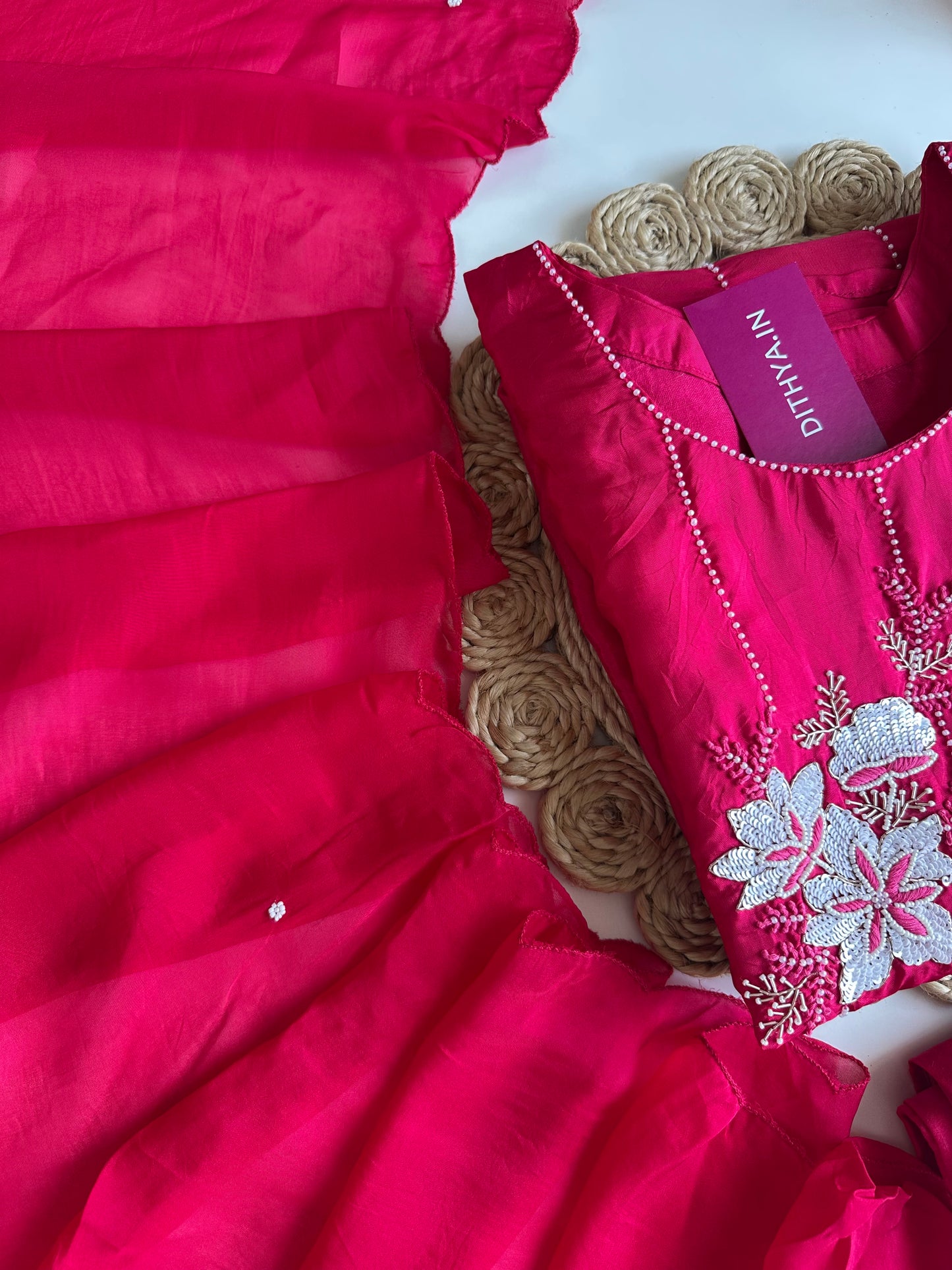 K253 - Pure crape pearl work straight Kurti with pants and dupatta