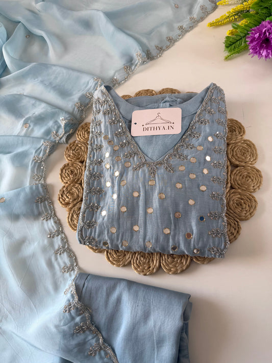 K642 - Mul chanderi mirror work Anarkali with pants and dupatta