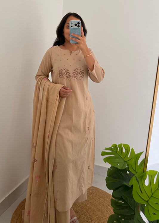 K381 - Mul cotton embroidered straight Kurti with pants and dupatta