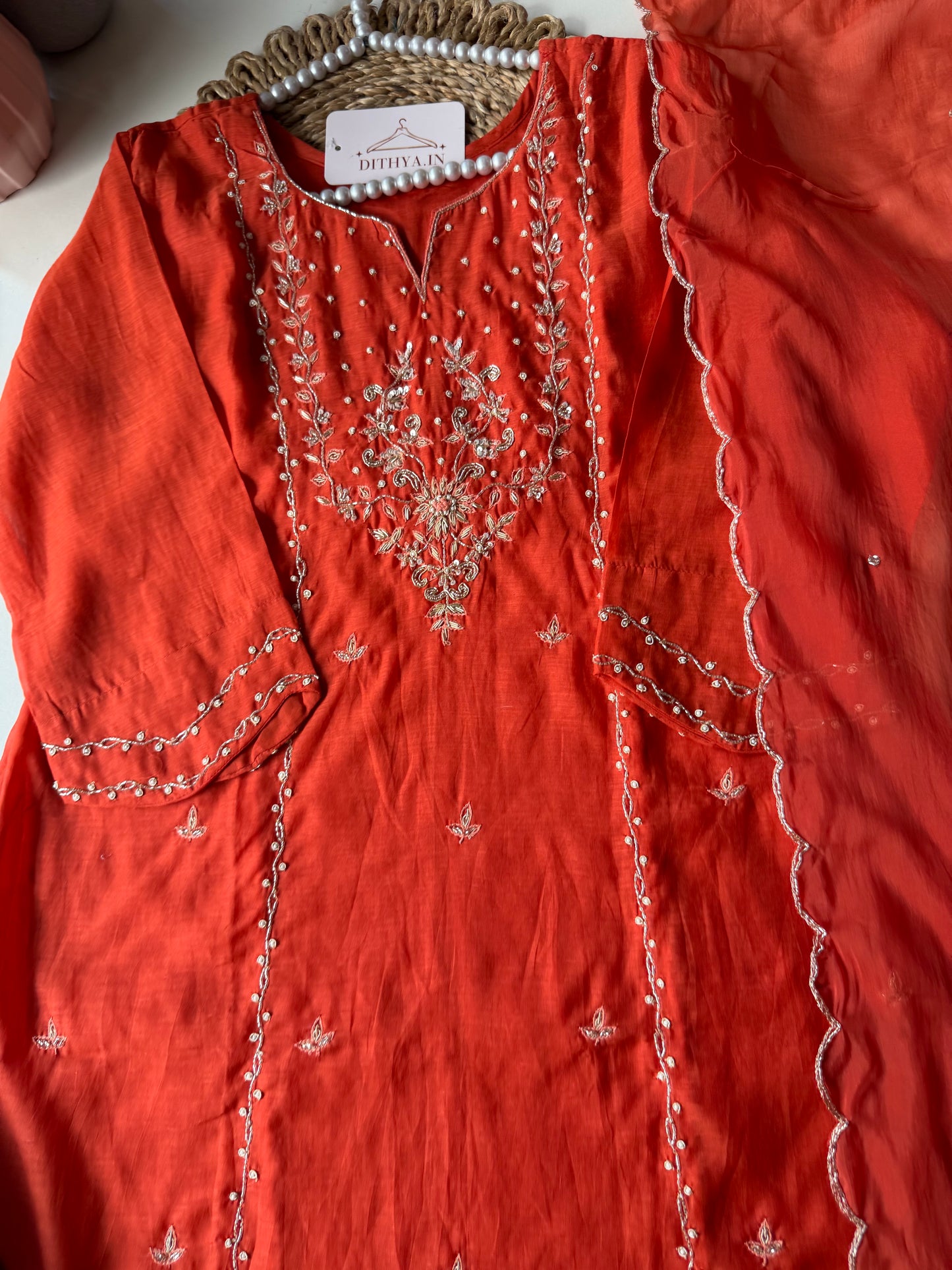 K589 - Mul chanderi handwork short Kurti with palazzo and dupatta