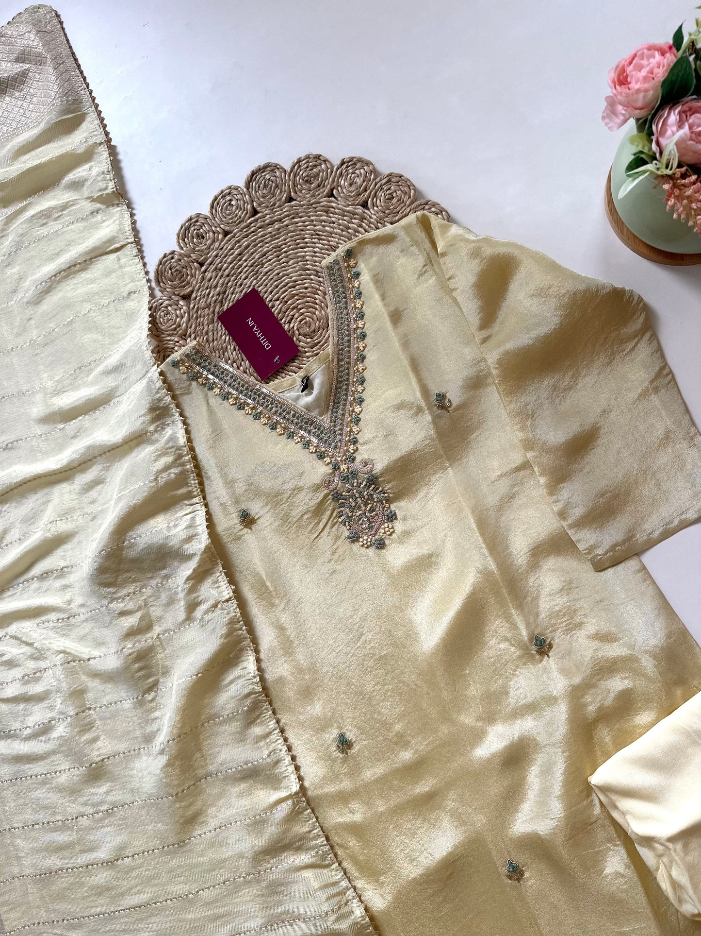 K218 - Tissue silk Handwork straight kurti with pants and dupatta .