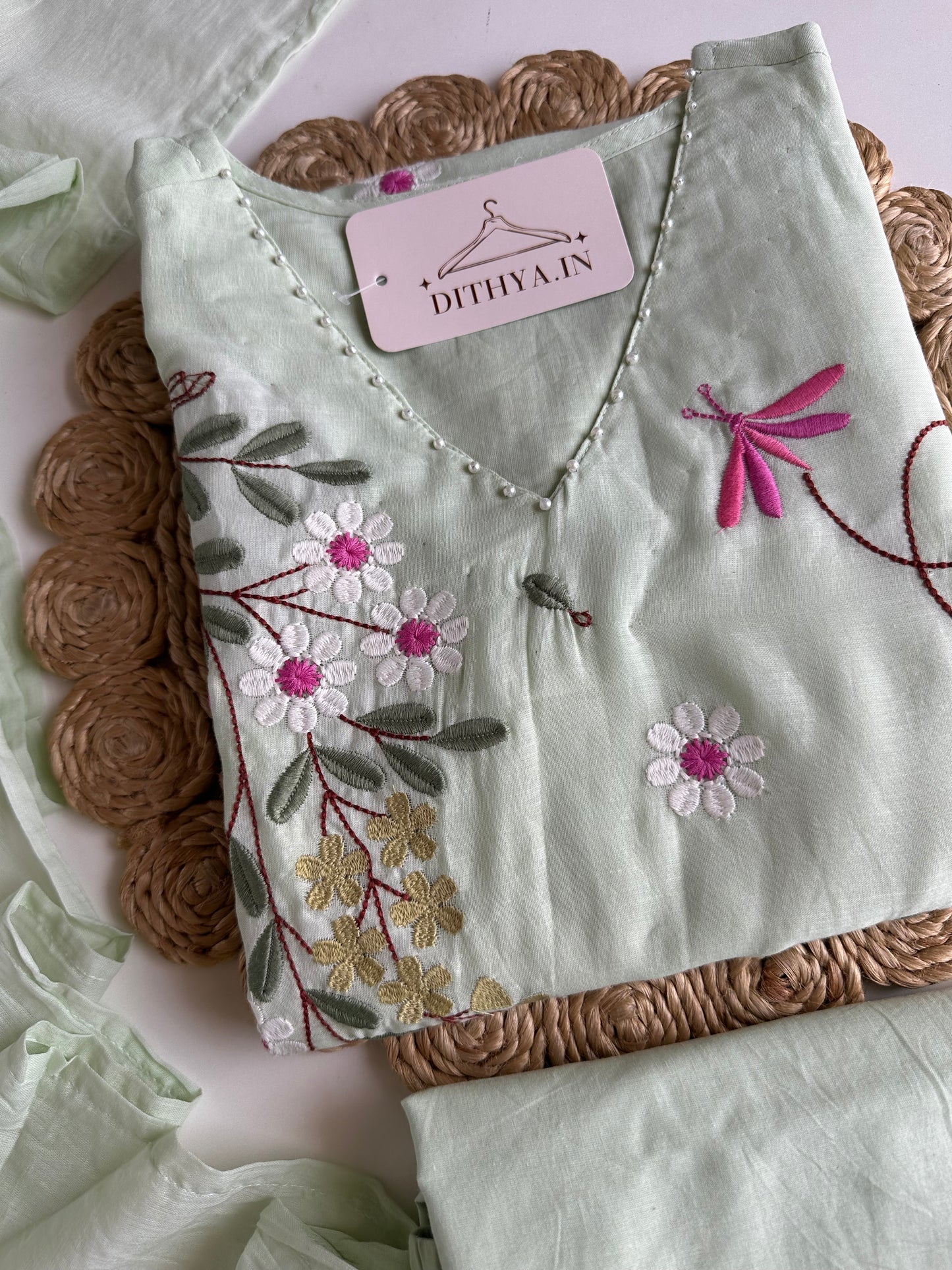 K183 - Mul cotton embroidered straight Kurti with pants and dupatta