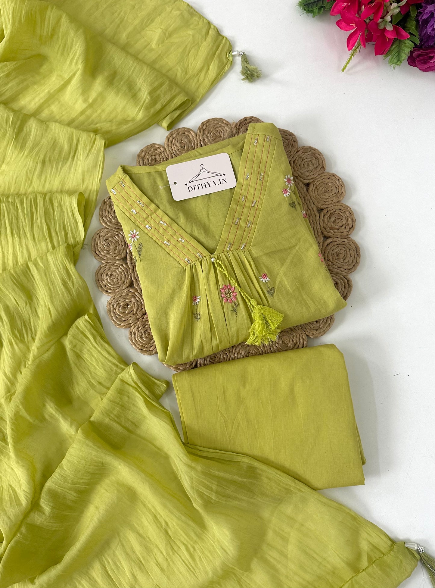 K395 - Mul cotton embroidered Aline Kurti with pants and dupatta in 3 colours