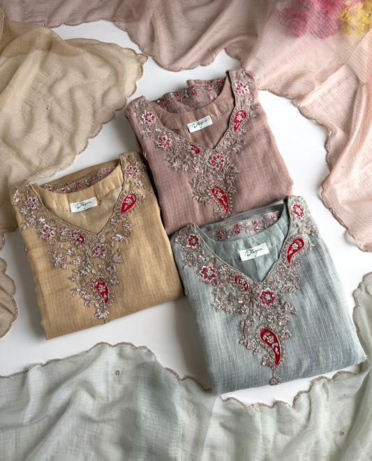 K229 - Kota doriya handwork aline Kurti with pants and dupatta in 3 colours