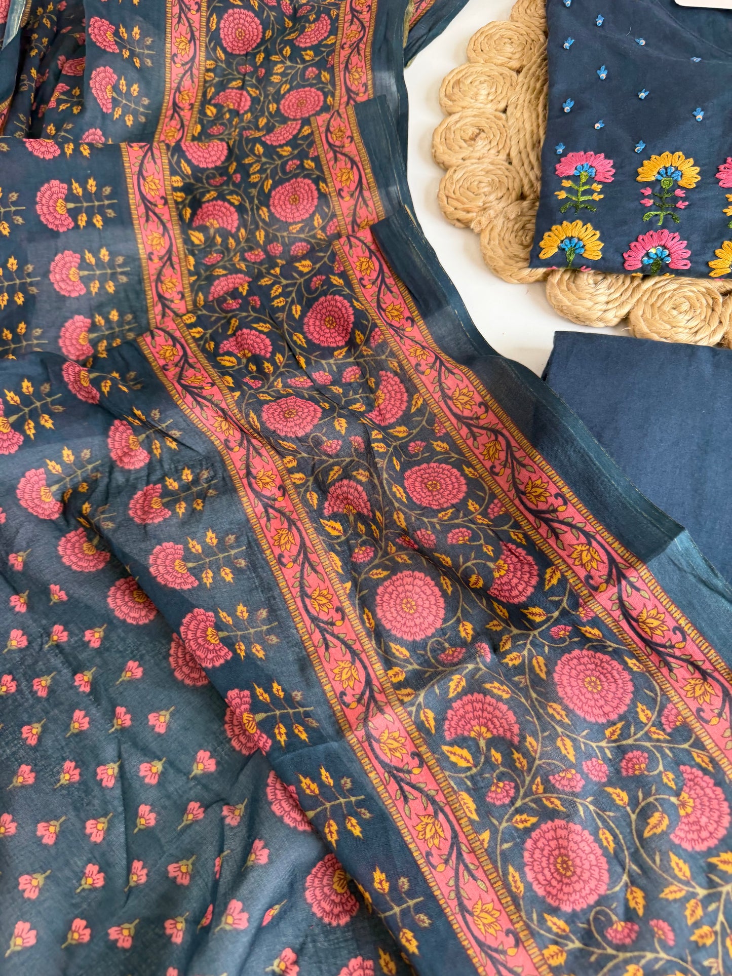 K645 - Mul cotton embroidered straight Kurti with pants and dupatta