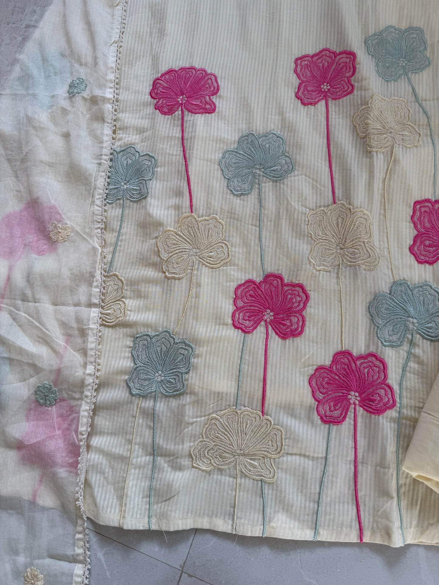 K491 - Mul cotton appliqué work aline Kurti with pants and dupatta