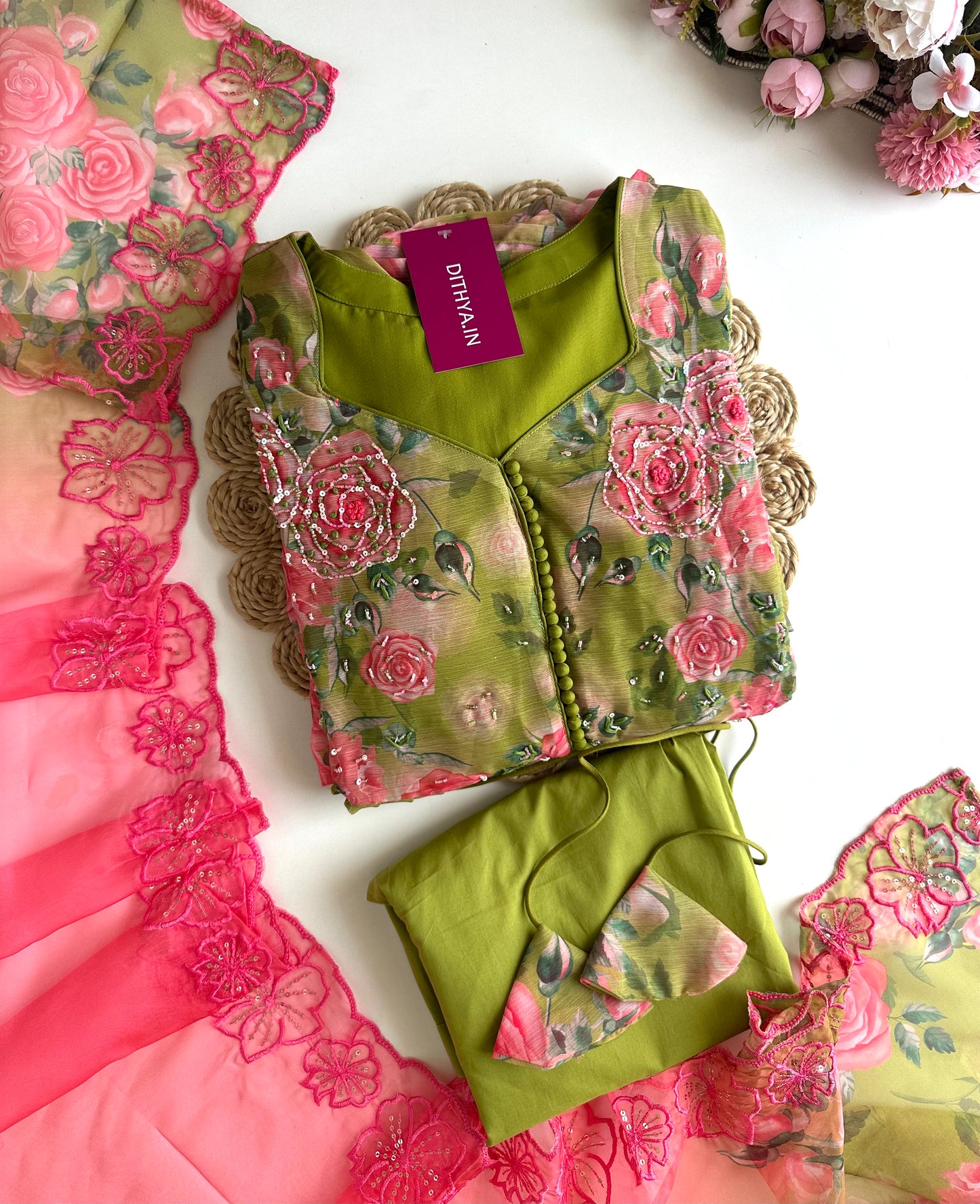 K282 - Viscose organza Floral Anarkali with pants and dupatta