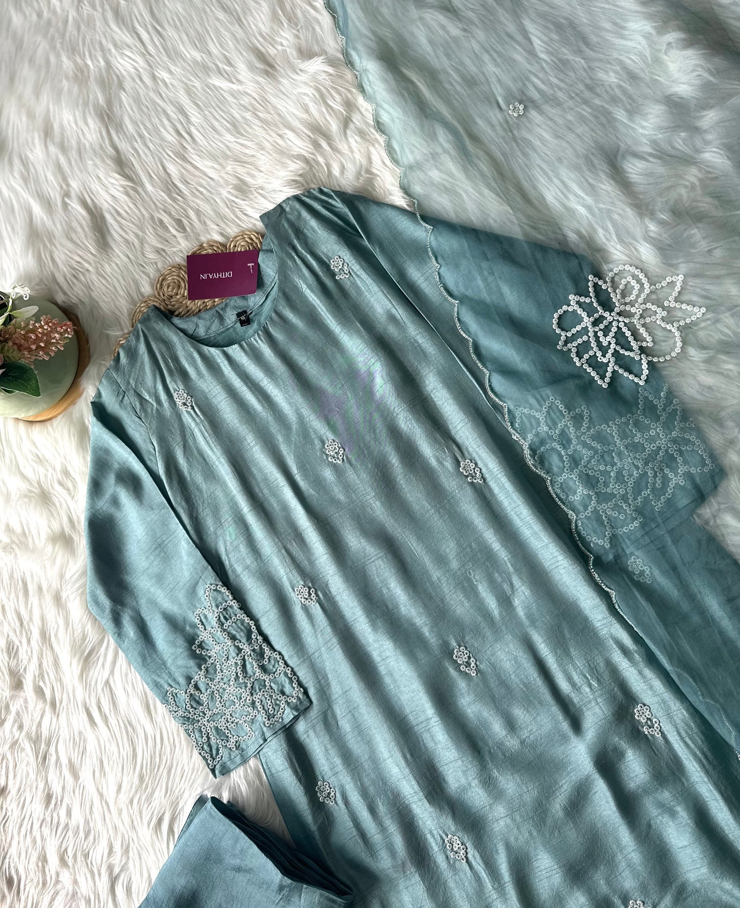 K241-Russian silk pearl handwork kurti with pants and dupatta