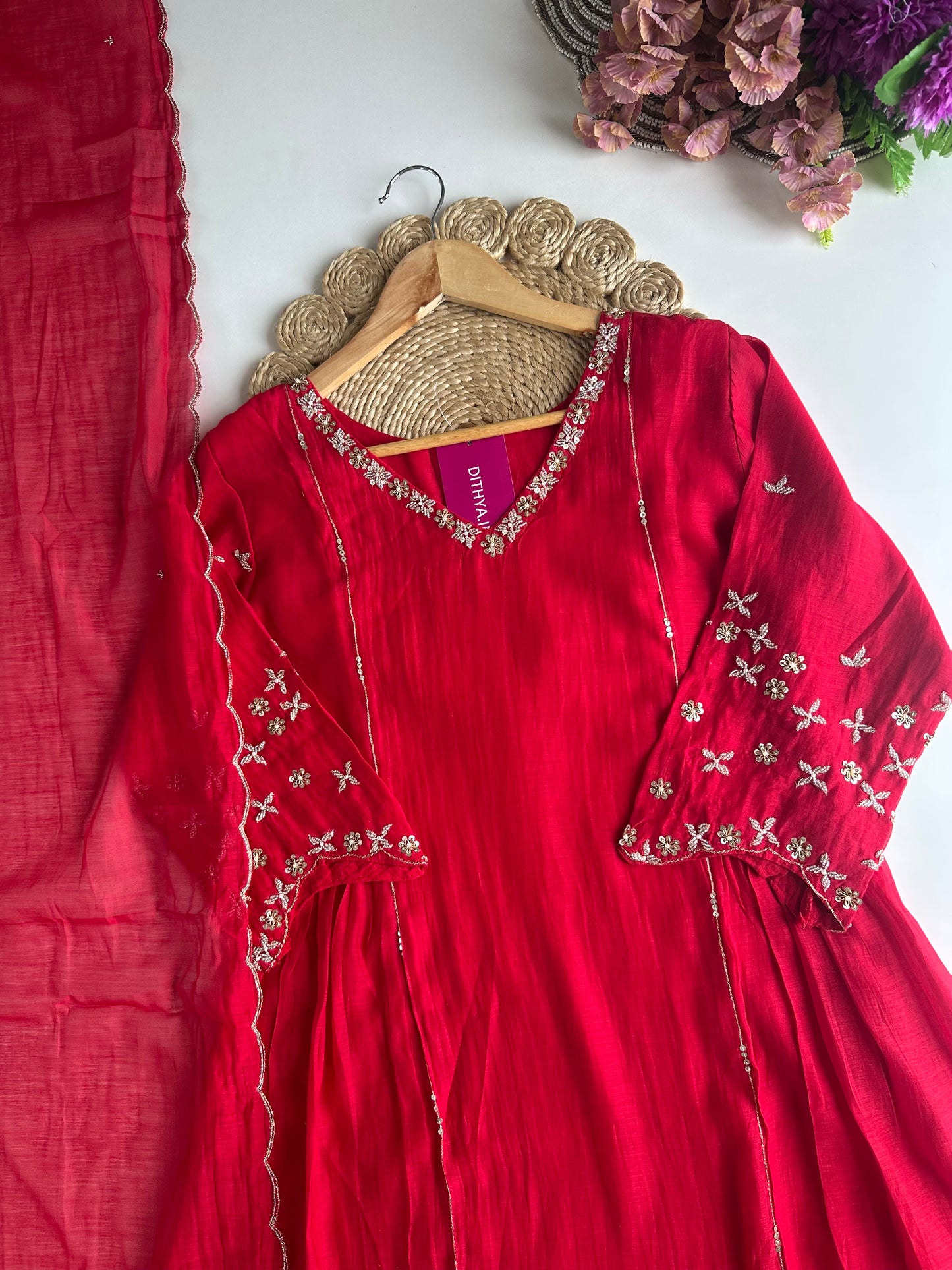 K309 - Mul Chanderi handwork Anarkali with pants and dupatta in 3 colours