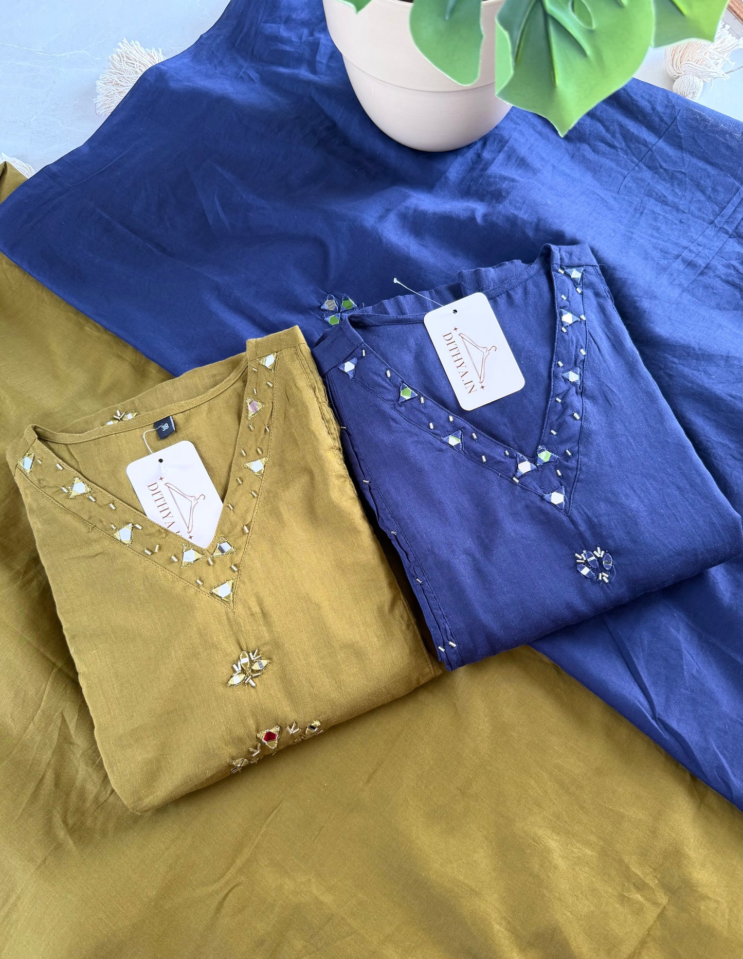 K300 - Mul cotton mirror work aline Kurti with pants and dupatta in 2 colours