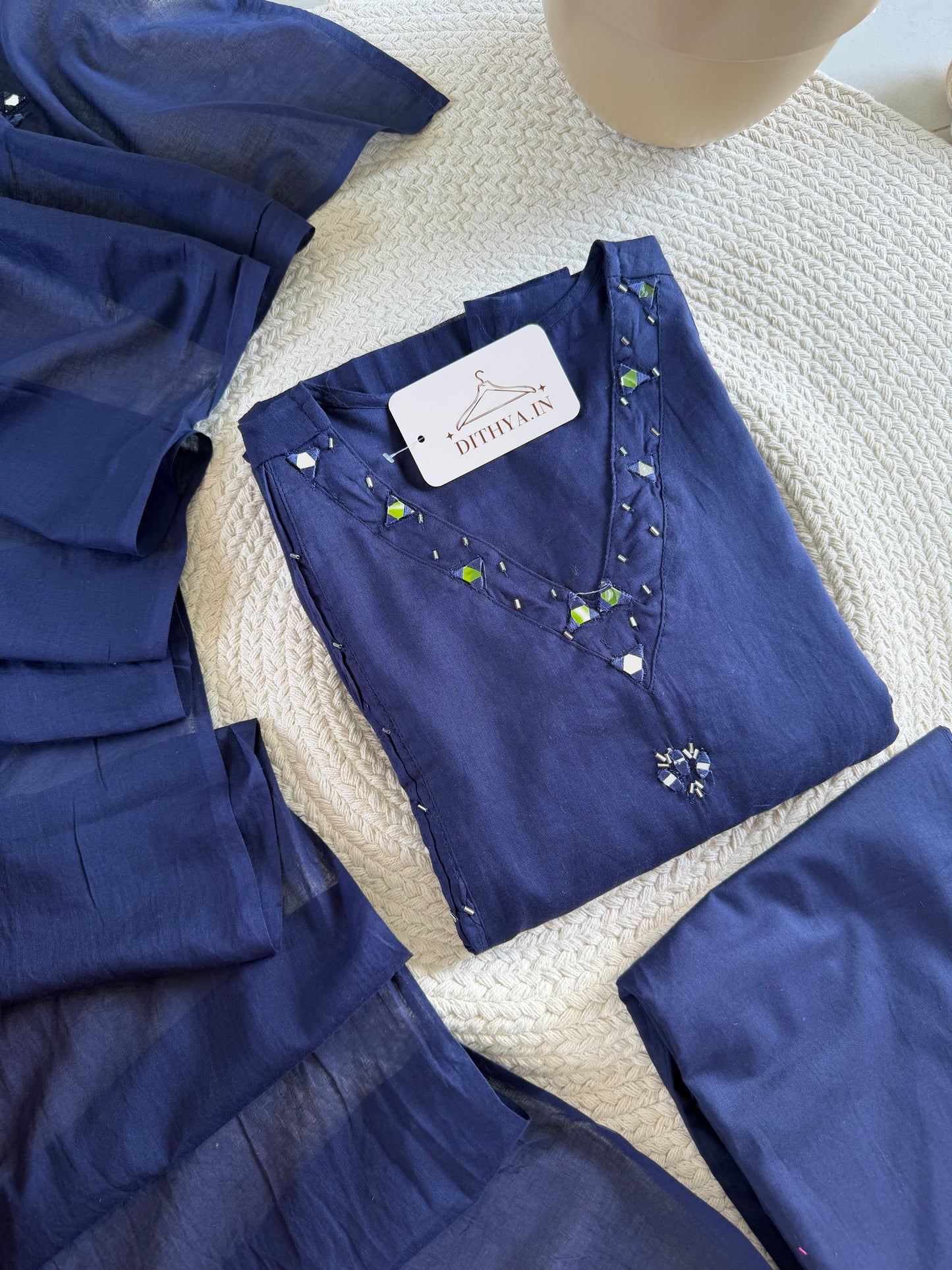 K300 - Mul cotton mirror work aline Kurti with pants and dupatta in 2 colours