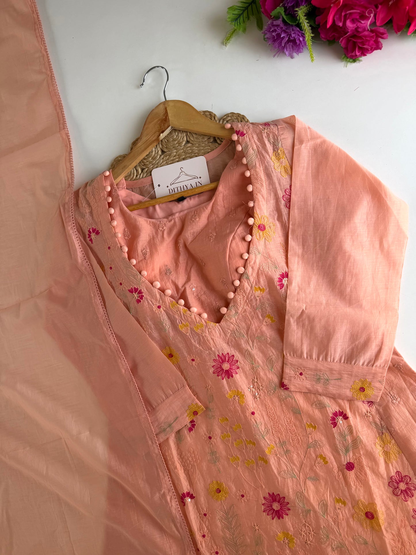 K293 - Mul chanderi embroidered padded inner Aline Kurti with pants and dupatta