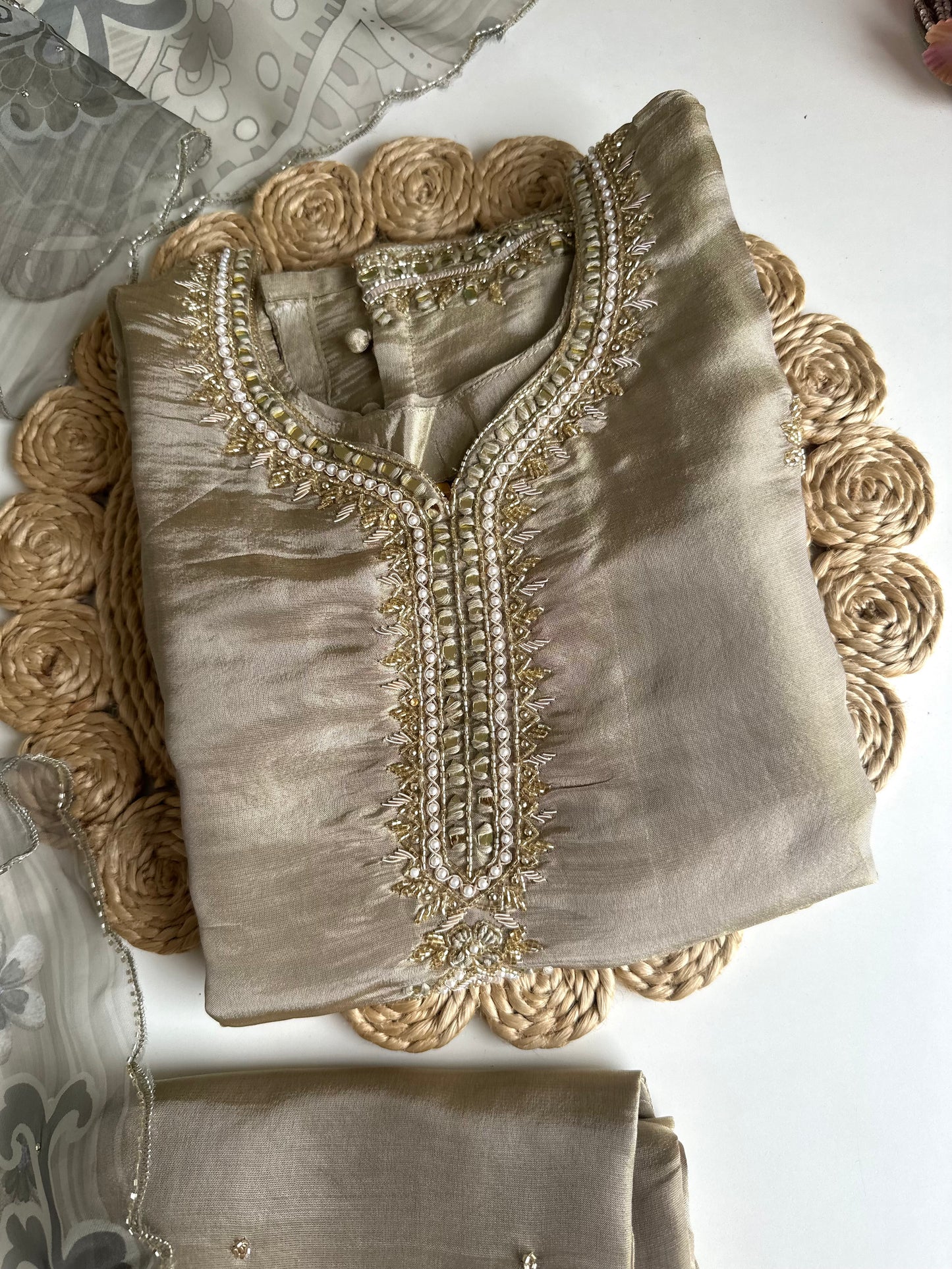 K475 - Tissue silk handwork straight Kurti with pants and dupatta