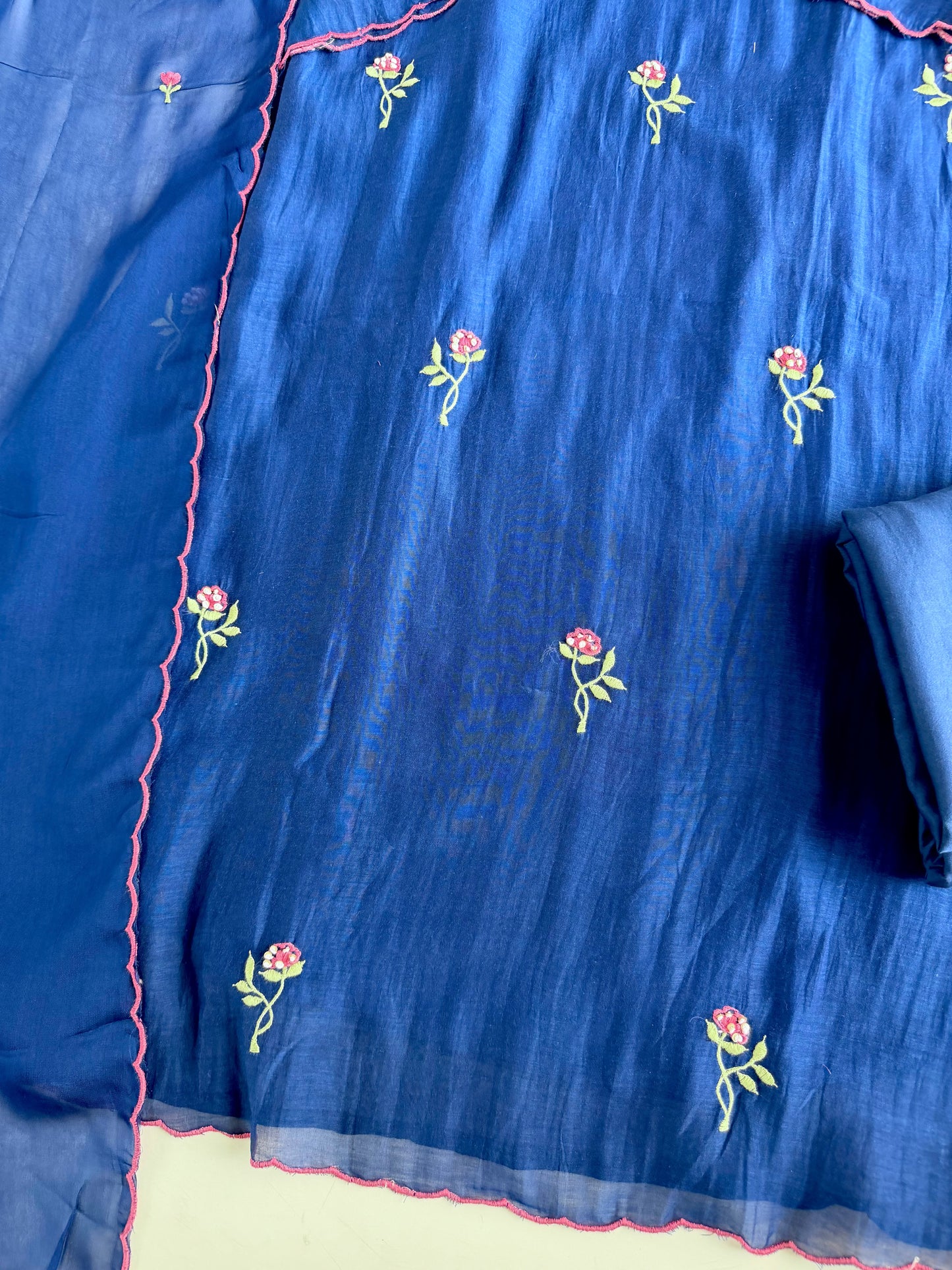 K087 - Mul chanderi embroidered Aline Kurti with pants and dupatta