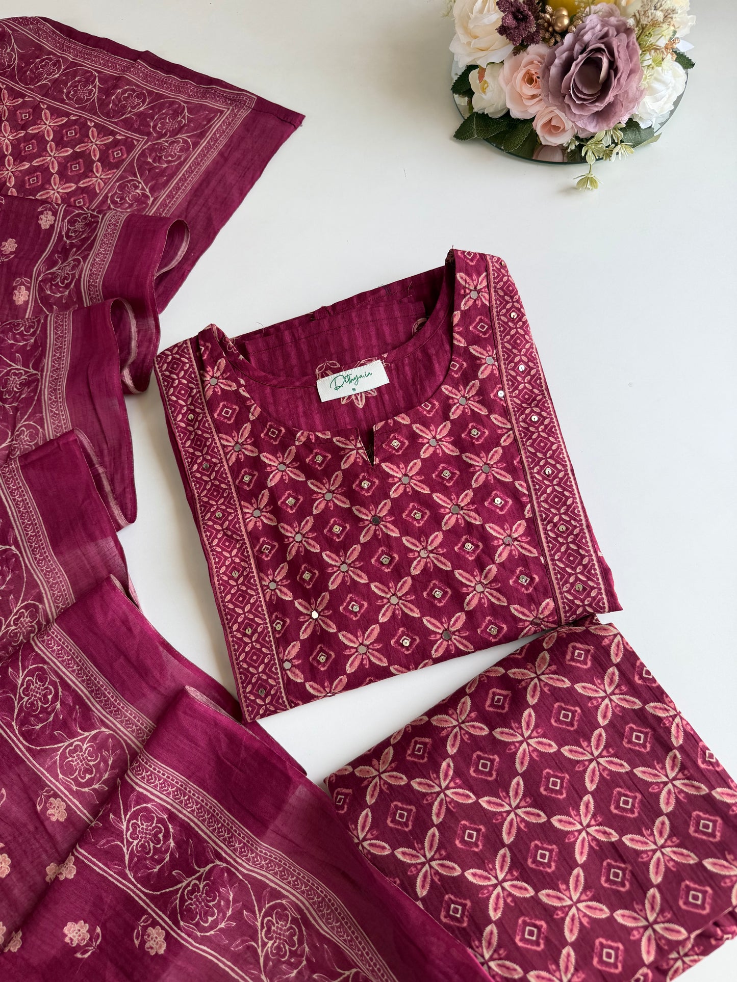 K571 - Mul cotton embroidered straight Kurti with pants and dupatta