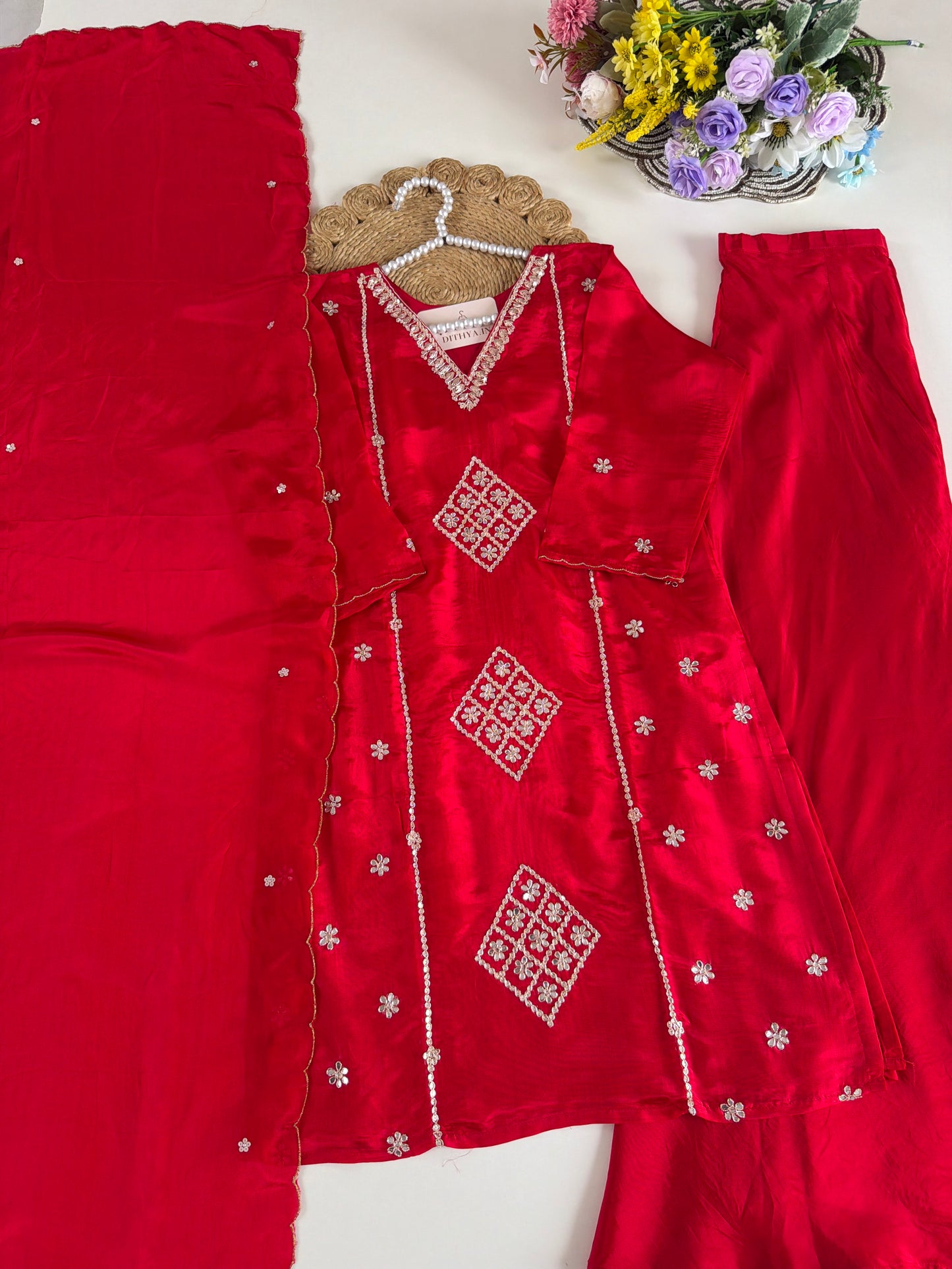 K375 - Pure crape gota work short Kurti with divider pants and dupatta
