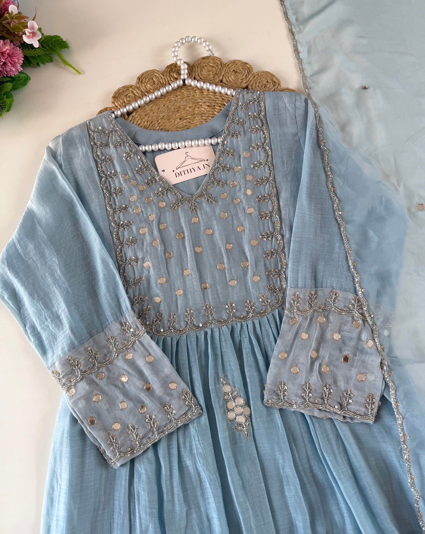 K642 - Mul chanderi mirror work Anarkali with pants and dupatta