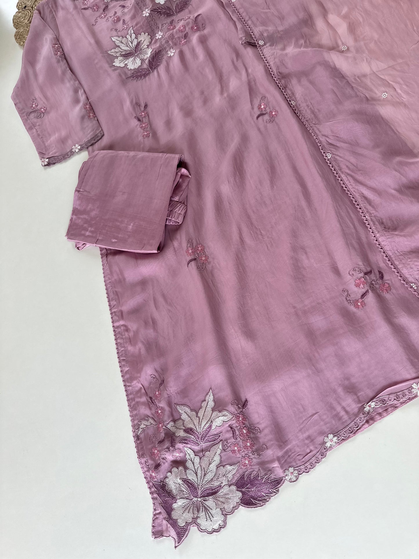 K432 - Viscose organza embroidered straight Kurti with pants and dupatta