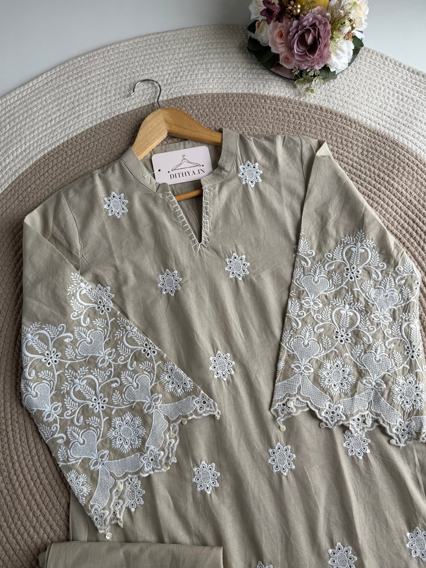 K718 - Cotton embroidered Aline Kurti with pants in 3 colours