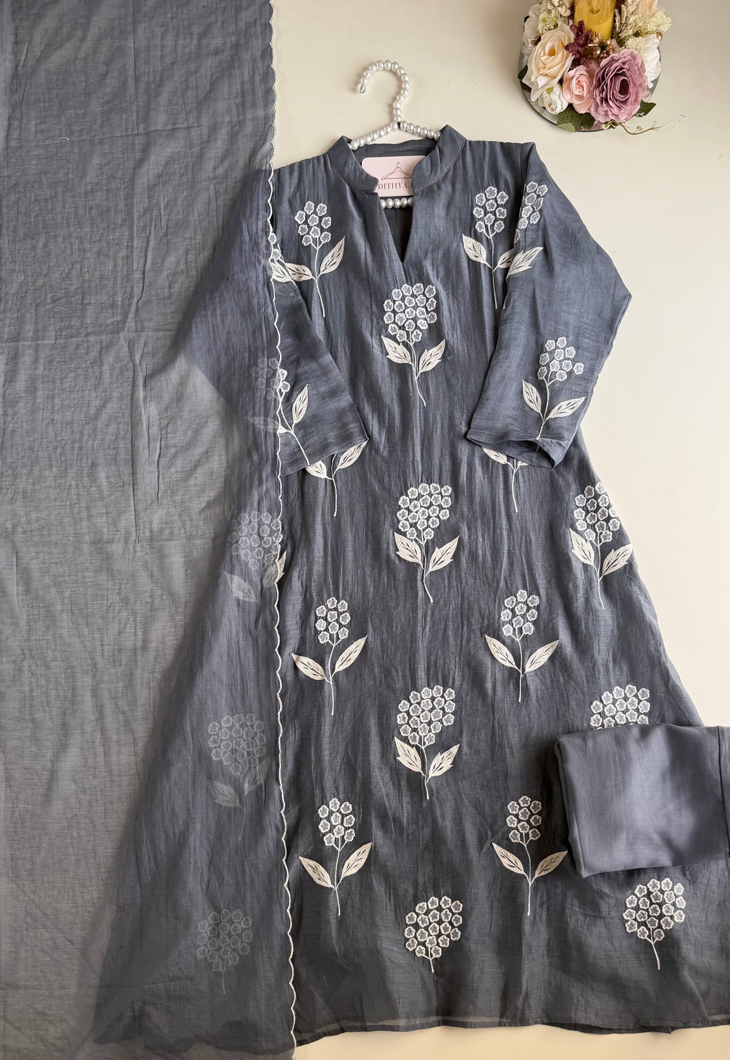 K336 - Mul chanderi appliqué embroidered Aline Kurti with pants and dupatta