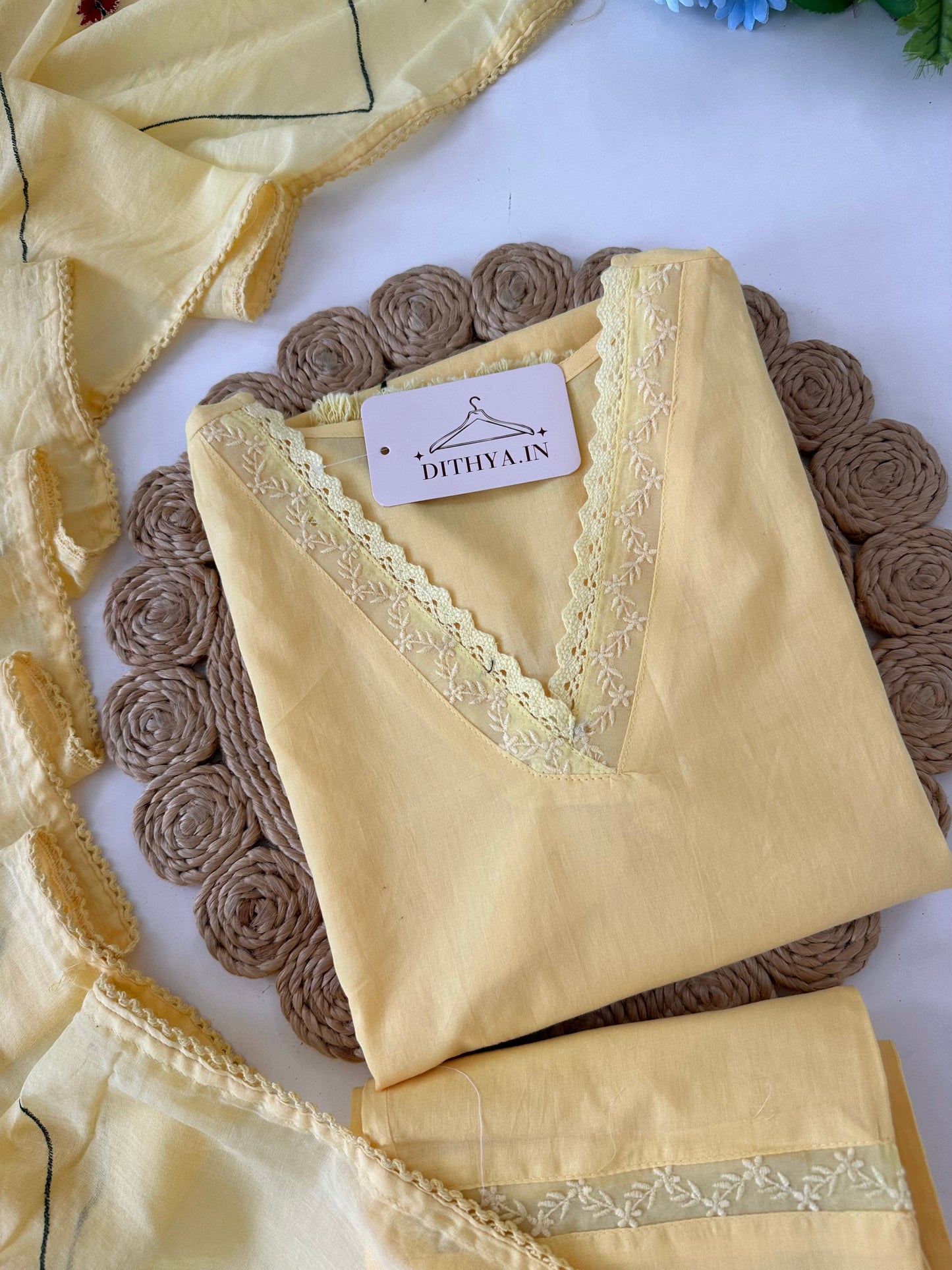 K218 - Mul cotton embroidered straight Kurti with pants and dupatta