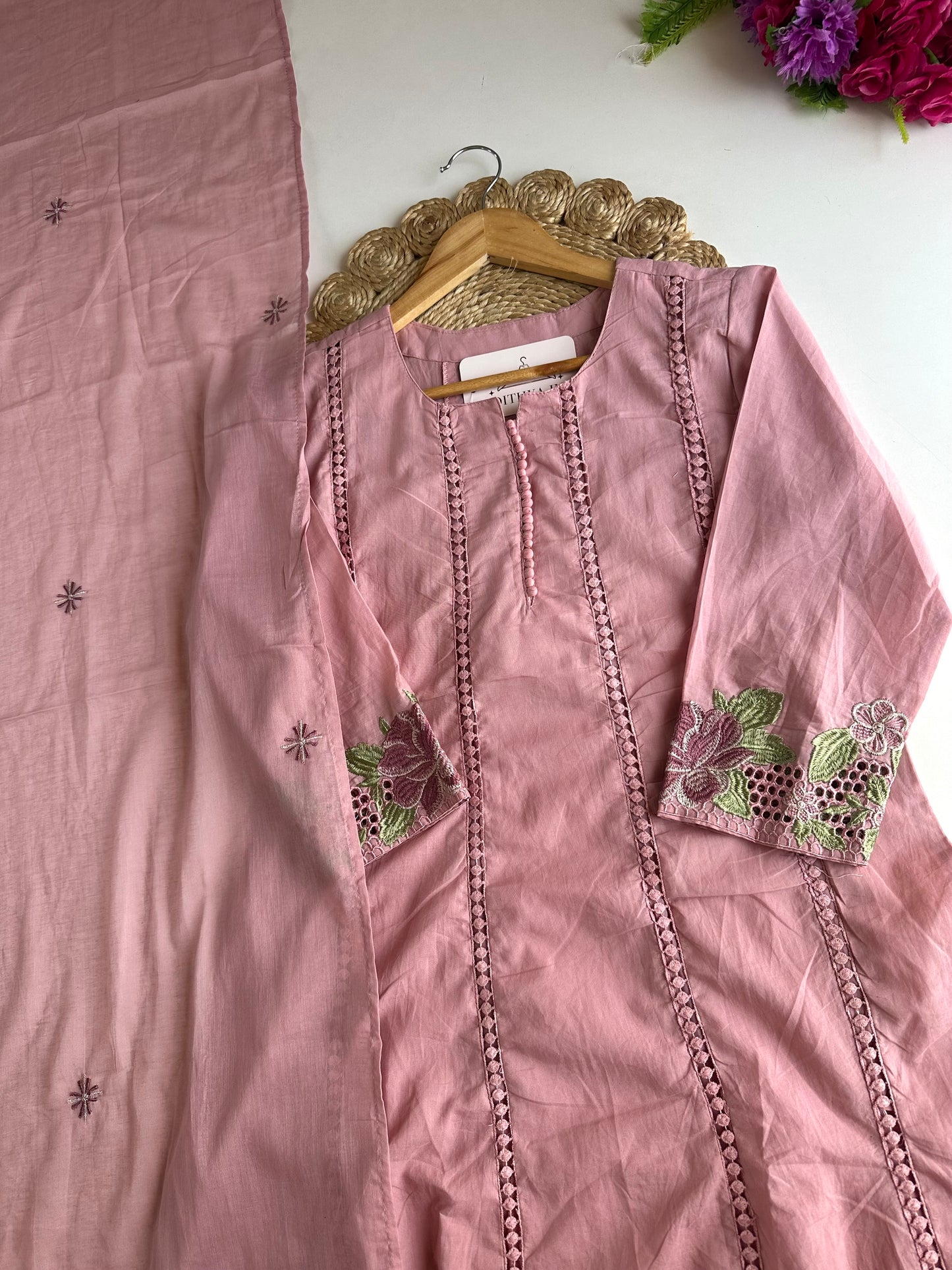 K593 - Mul cotton embroidered Anarkali with pants and dupatta
