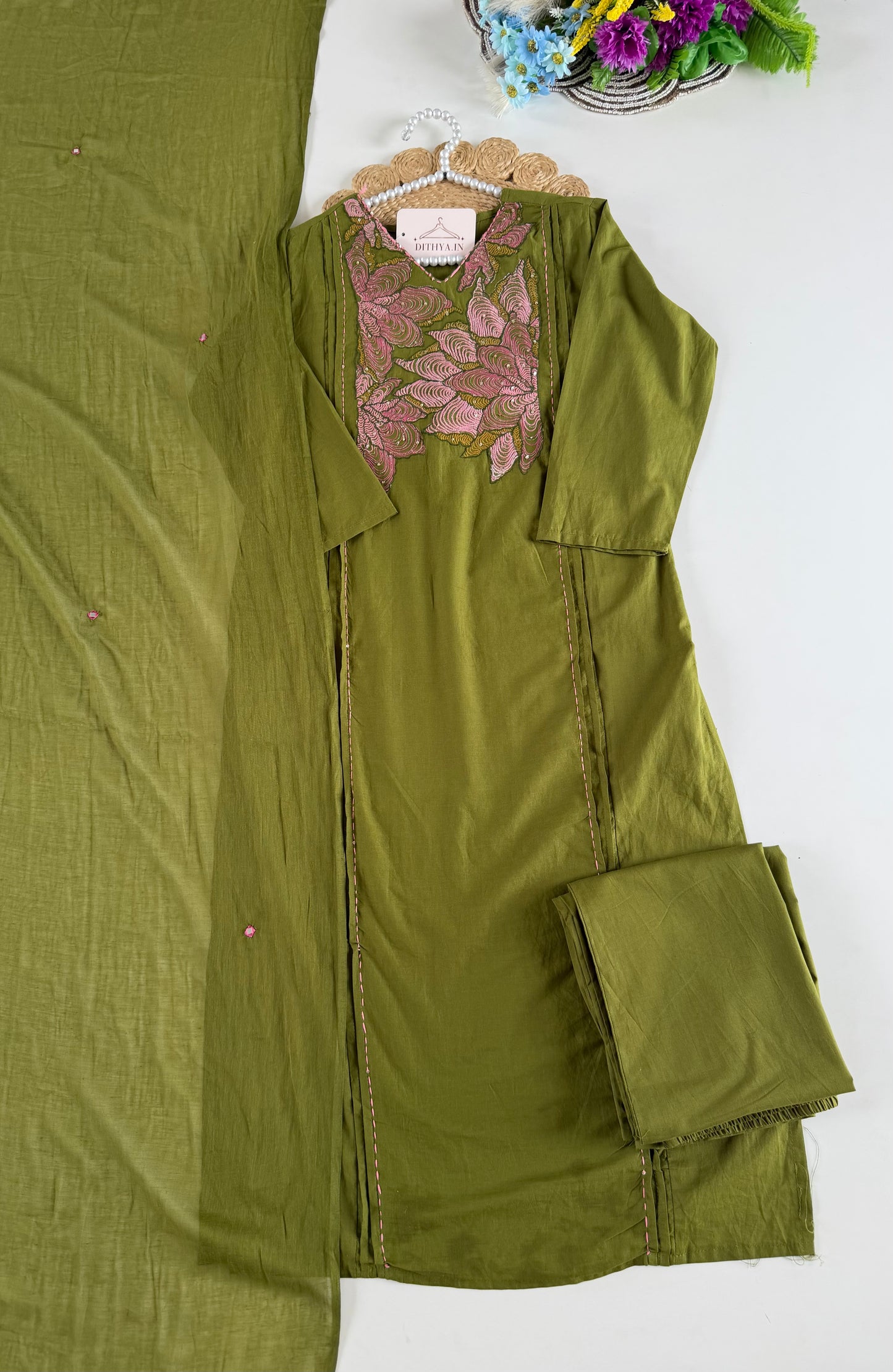 K497 - Cotton embroidered straight Kurti with pants and dupatta