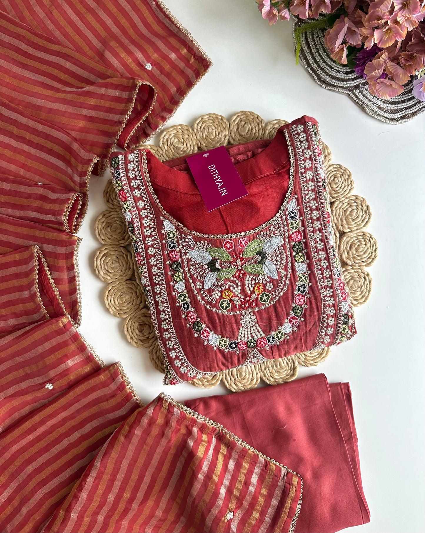 K037 - Mul Chanderi handwork Anarkali with pants and dupatta