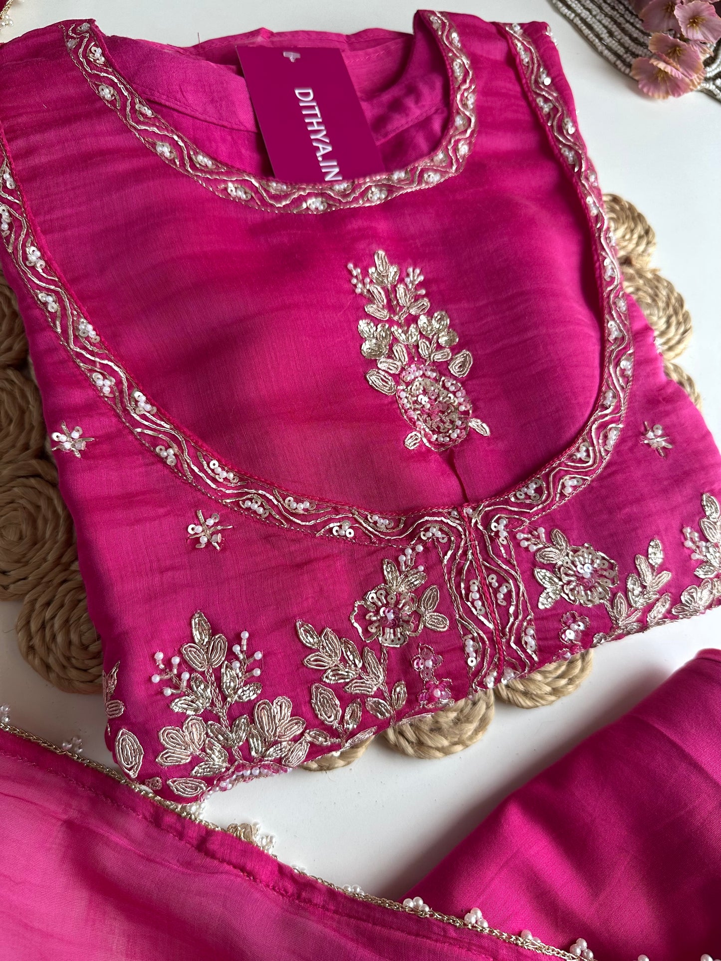 K076 - Mul Chanderi handwork Anarkali with side slit, straight pants and dupatta