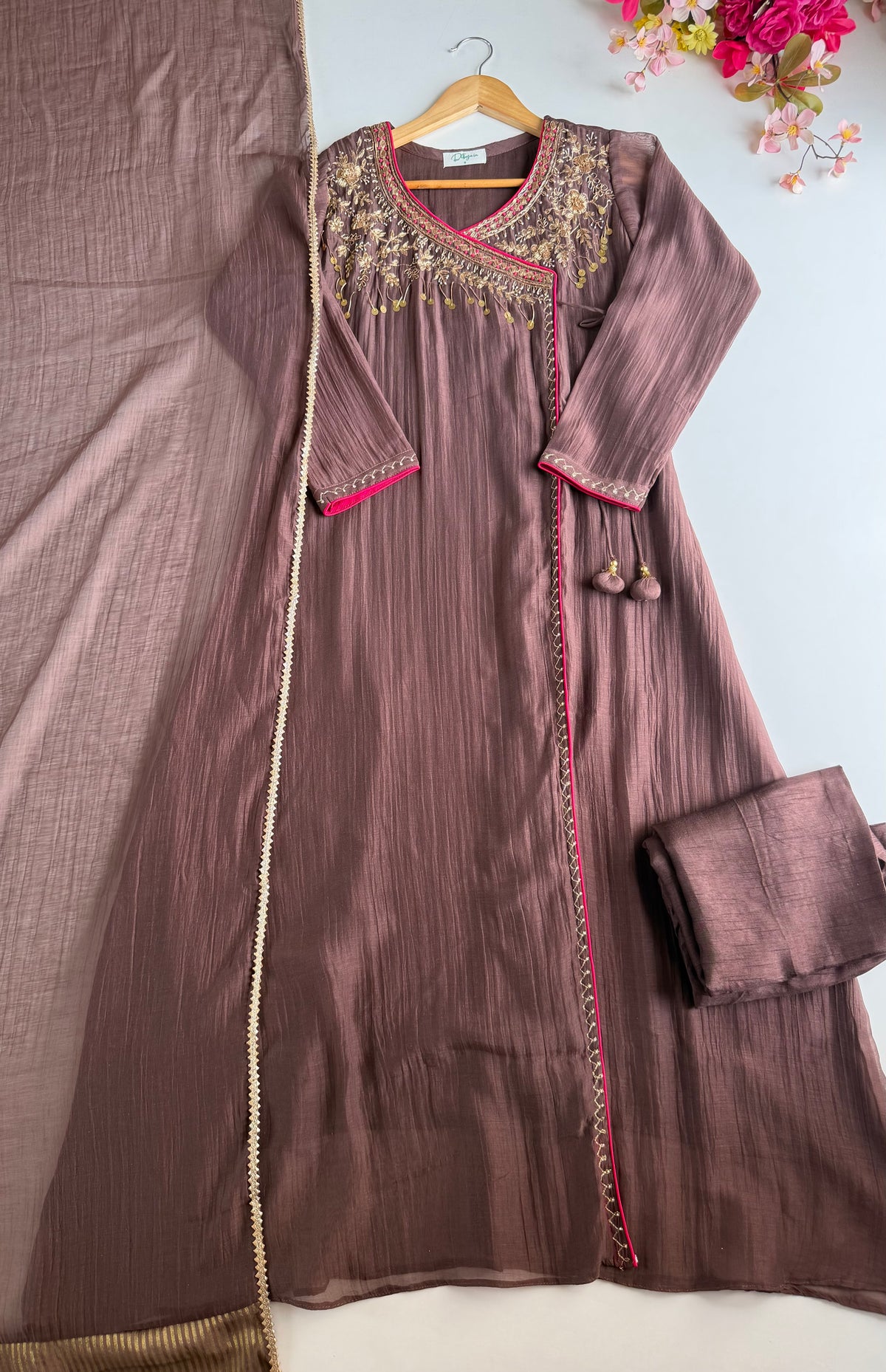 K156 - Pure Banarasi Mul chanderi handwork angrakha Aline Kurti with pants and dupatta
