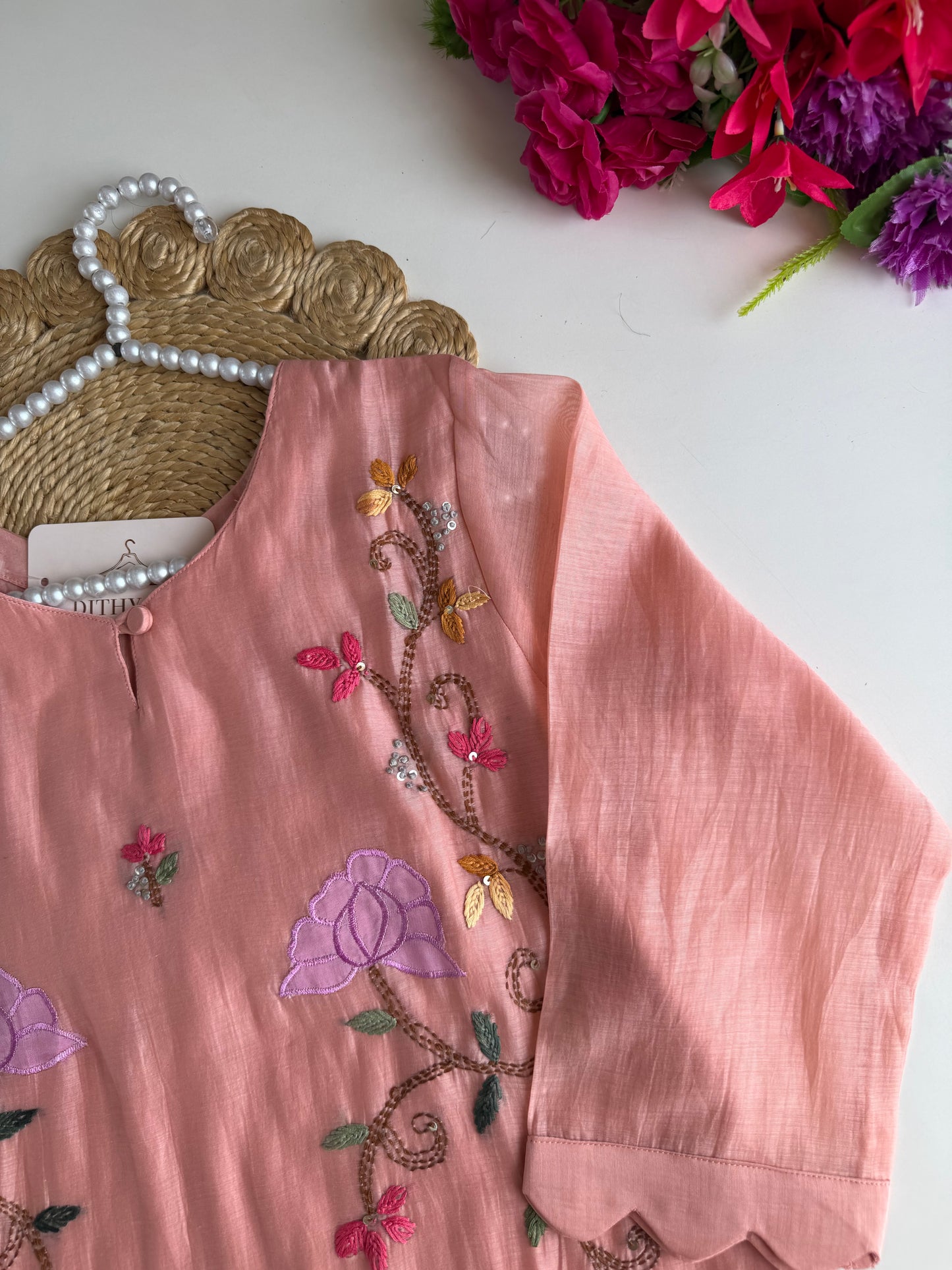 K274 - Mul chanderi appliqué embroidered straight Kurti with pants and dupatta