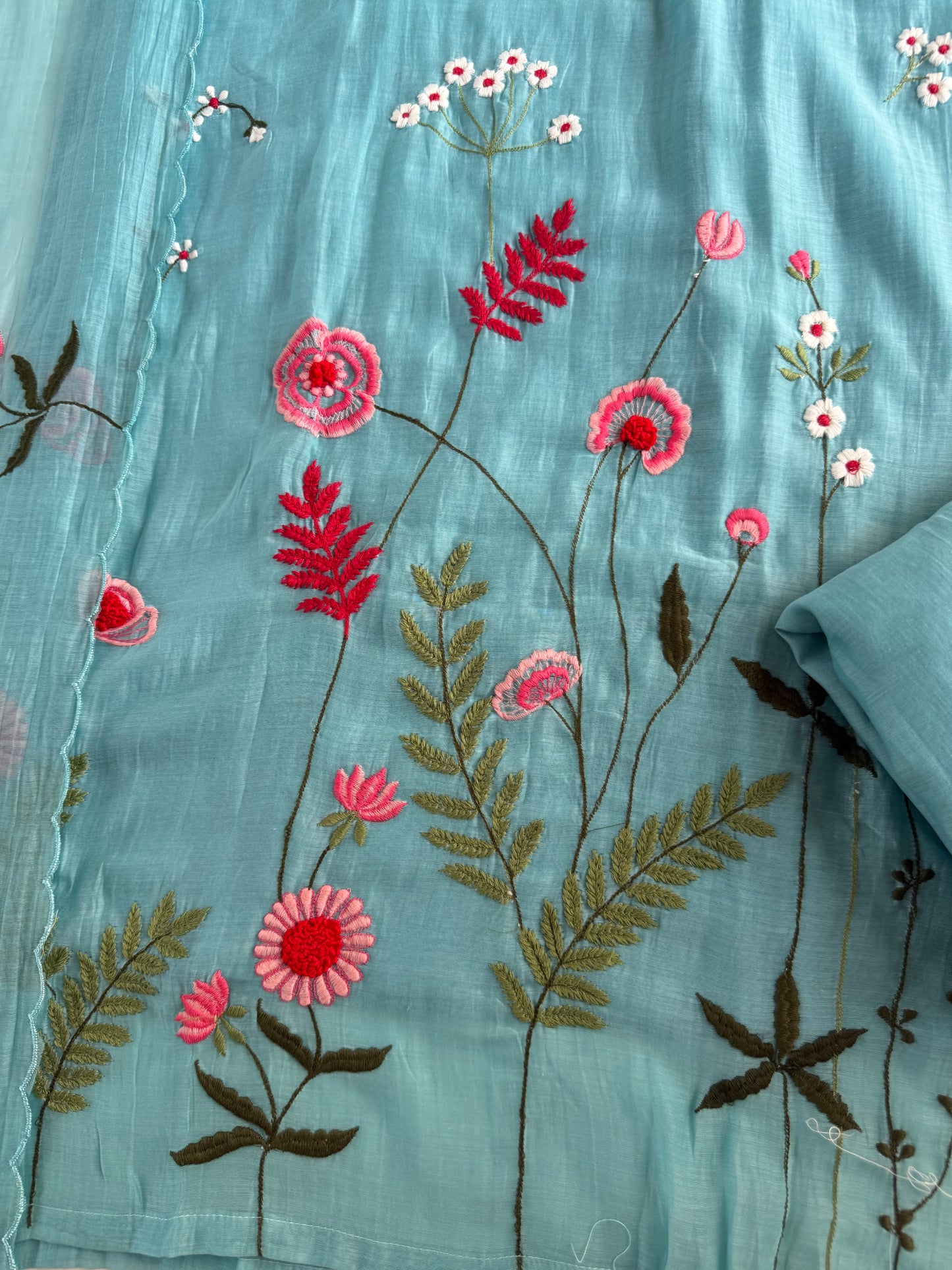 K629 - Mul chanderi 3D embroidered straight Kurti with pants and dupatta