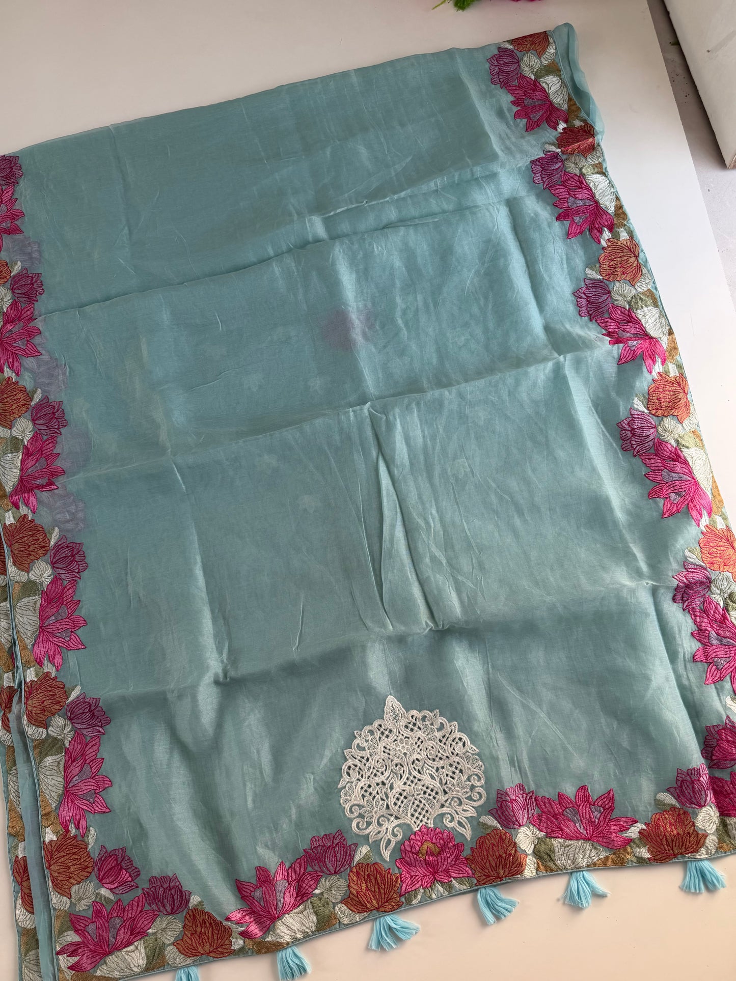 S020 - Soft organza appliqué embroidered saree in 3 colours