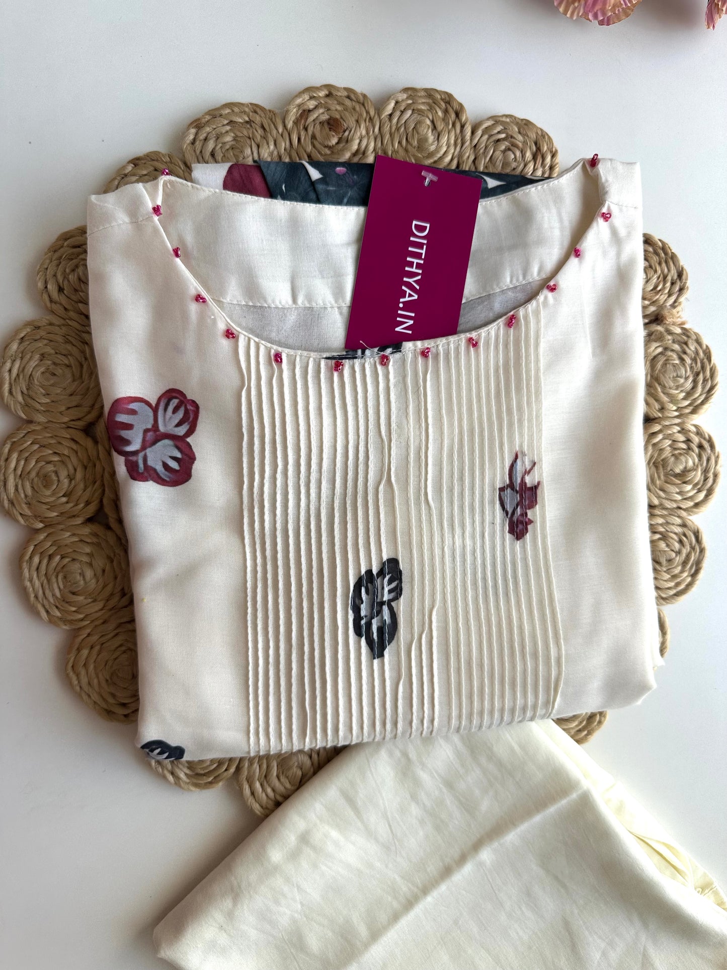 K112 - Floral pintex mul cotton Aline Kurti with pants