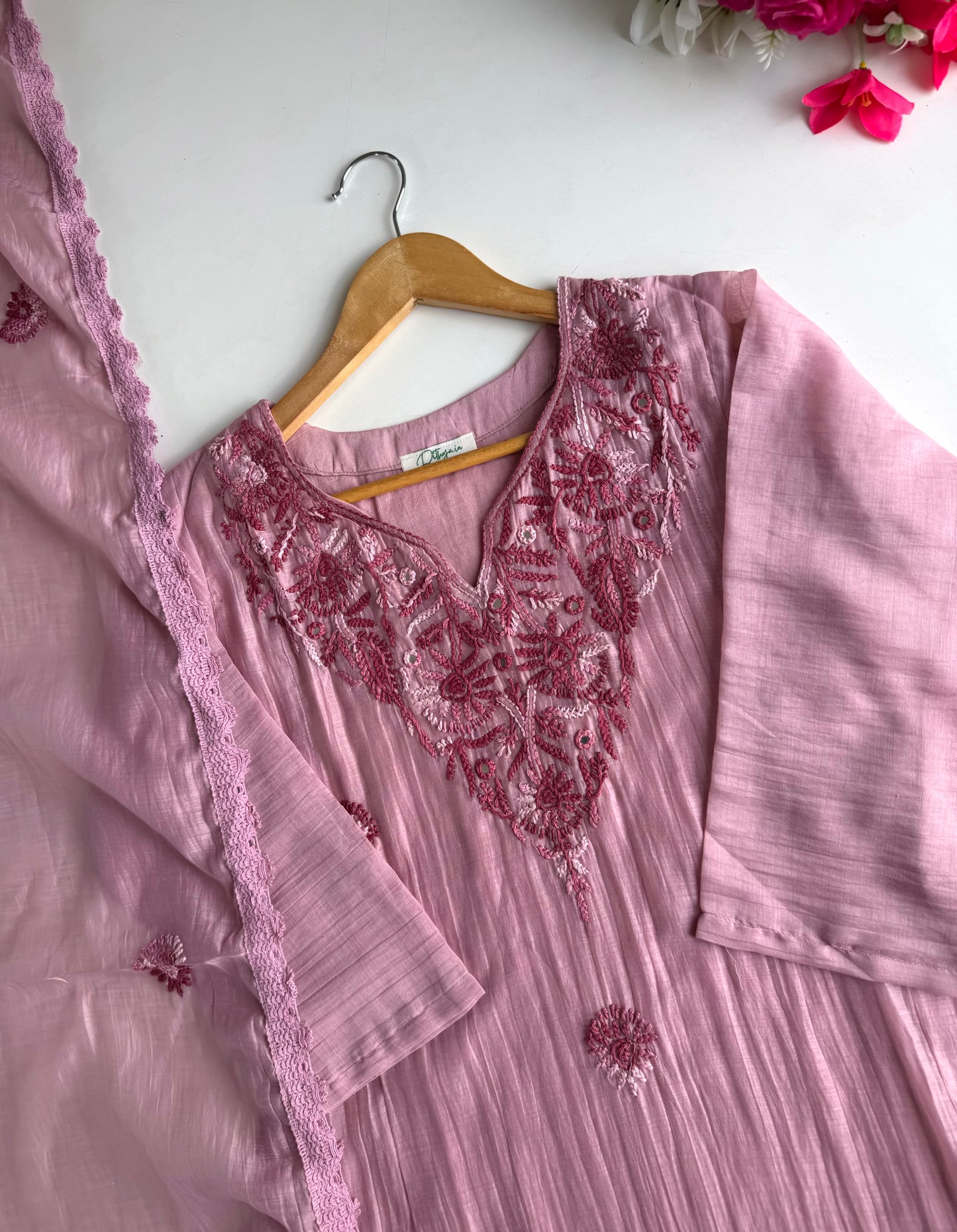 K614 - Mul chanderi embroidered Aline Kurti with pants and dupatta
