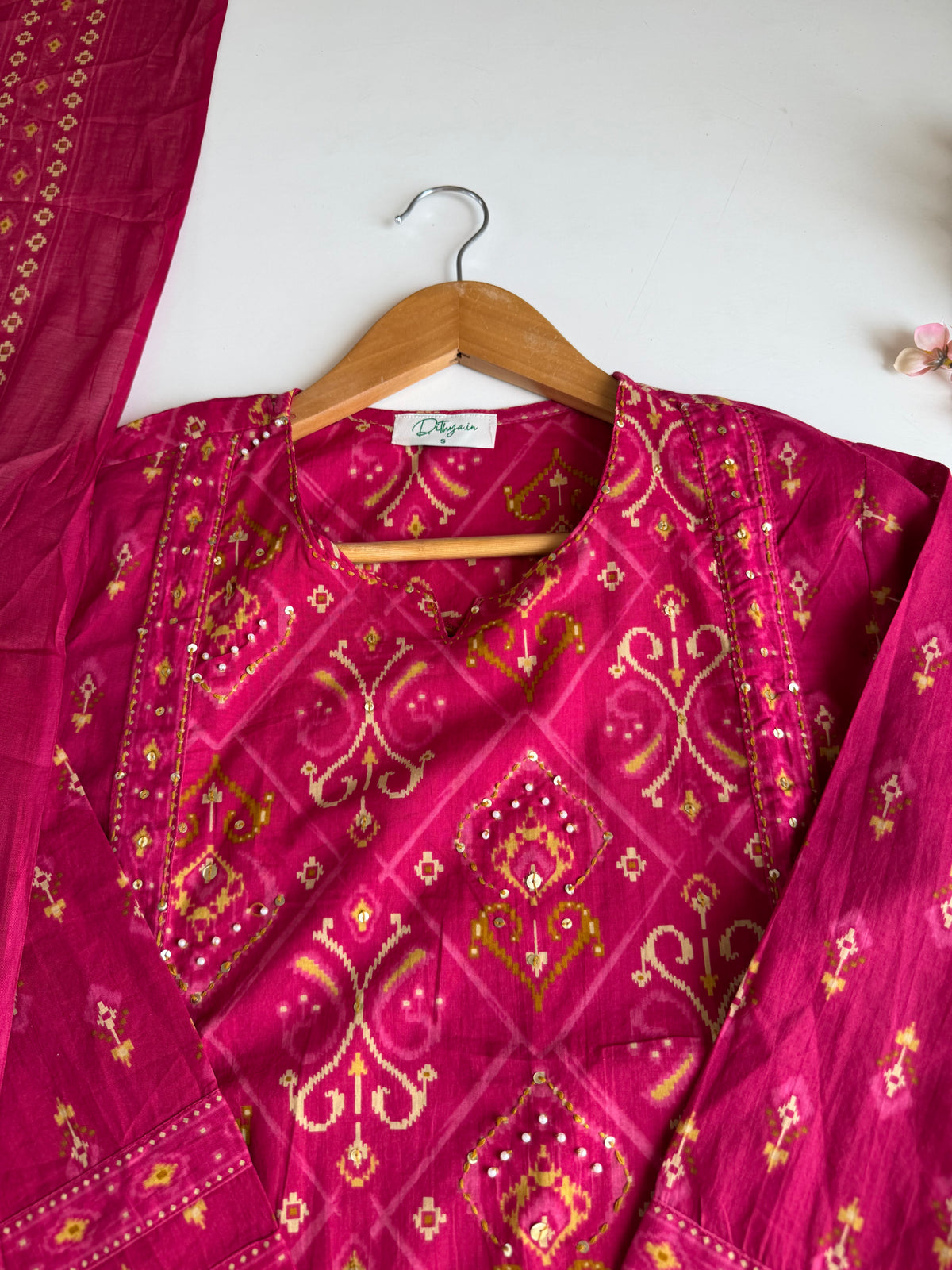 K728 - Mul cotton ikkat print embroidered Aline Kurti with pants and dupatta