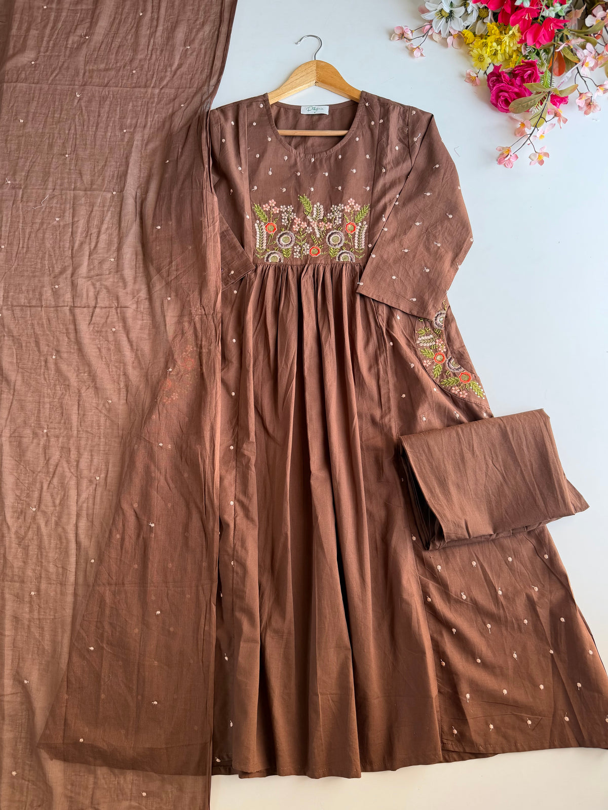 K726 - Mul cotton embroidered Anarkali with pants and dupatta