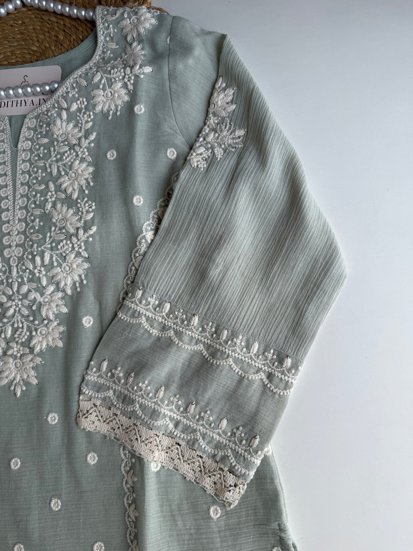 K698 - Crushed mul chanderi embroidered straight Kurti with pants and dupatta